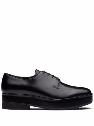 $1,170 PRADA - Black Brushed Leather PLATFORM Oxfords - 9 US (8 Prada)