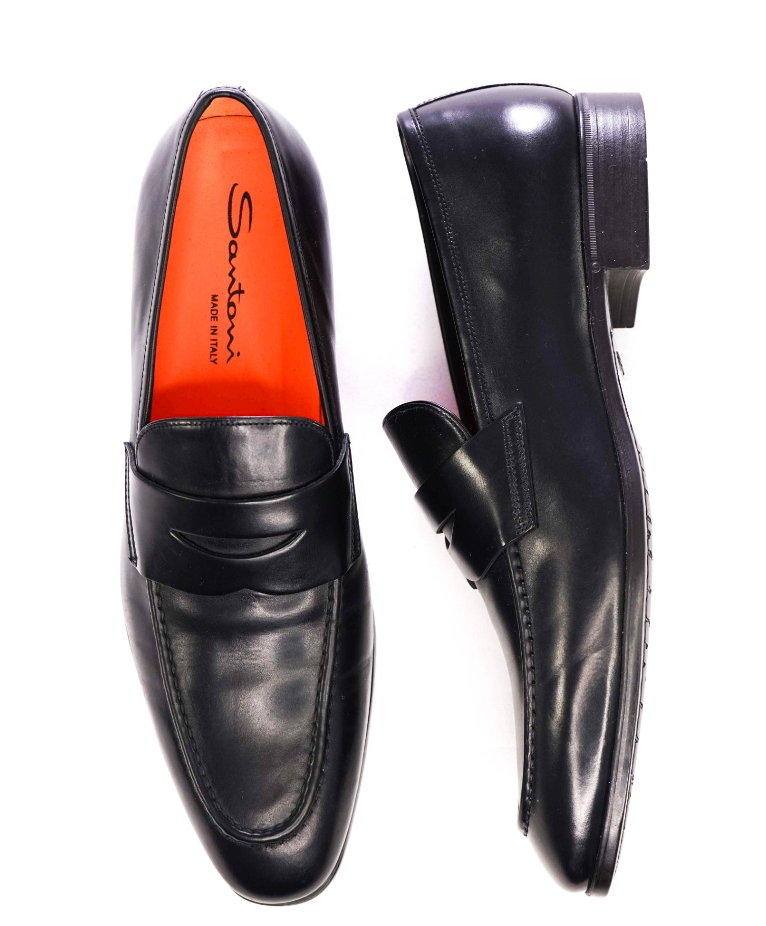 SANTONI Solid Black Leather Penny Loafers 9 US (8IT)