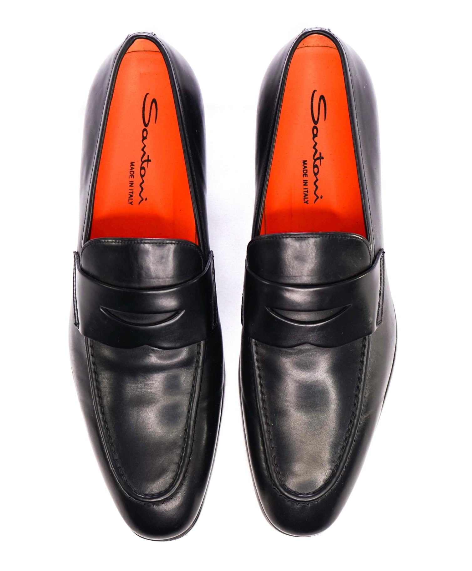 SANTONI Solid Black Leather Penny Loafers 9 US (8IT)