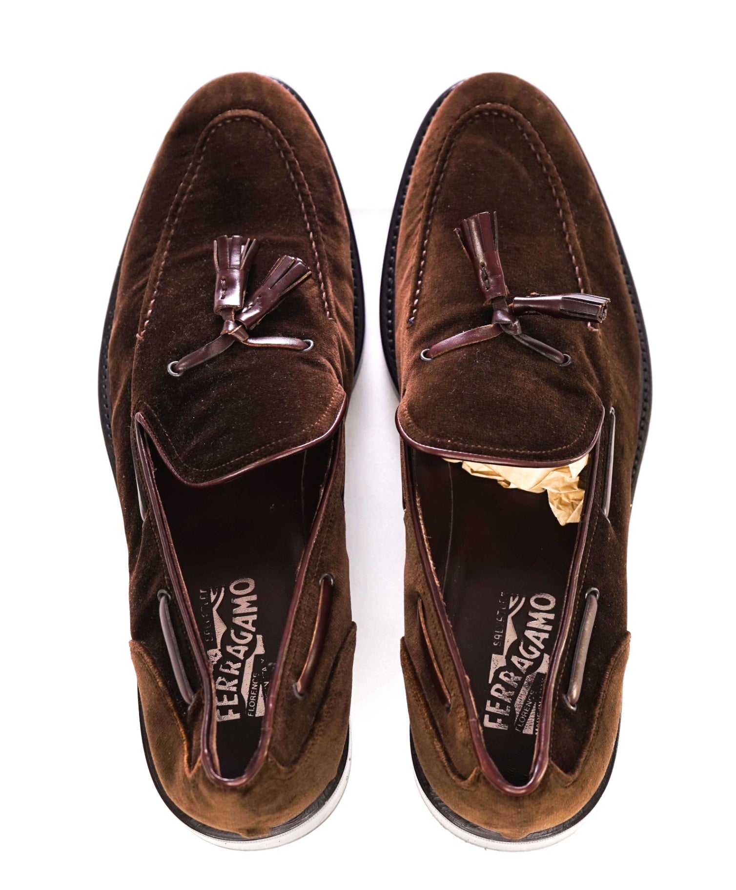 Salvatore Ferragamo Solid Brown Velvet Tassel Loafers 13 D