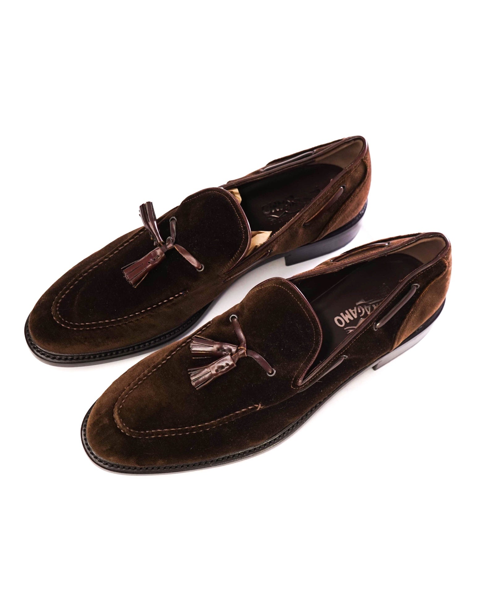 Salvatore Ferragamo Solid Brown Velvet Tassel Loafers 13 D