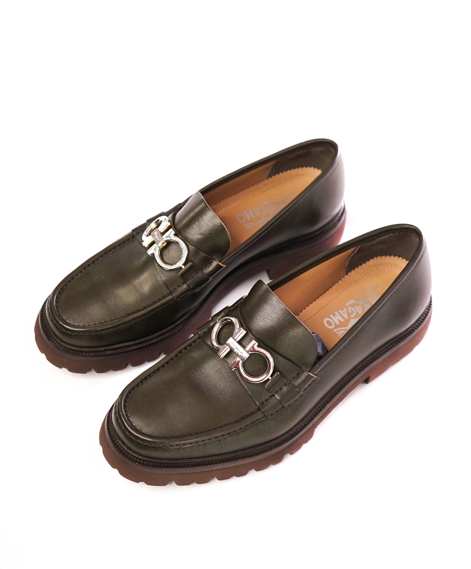 Salvatore Ferragamo "BLEEKER" Solid Dark Green Leather Loafers 9.5 EEE