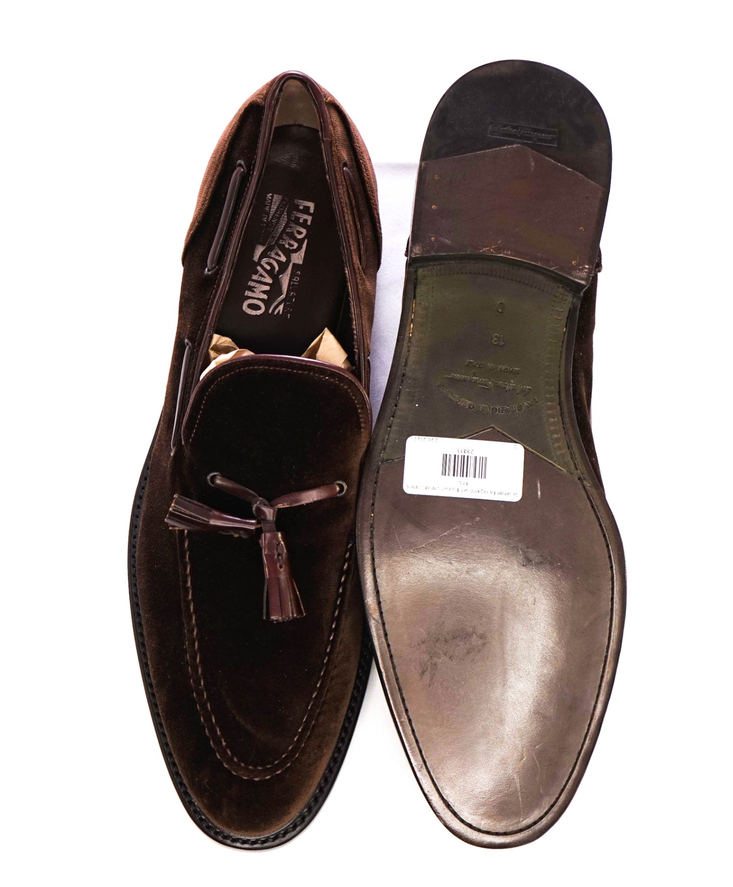 Salvatore Ferragamo Solid Brown Velvet Tassel Loafers 13 D