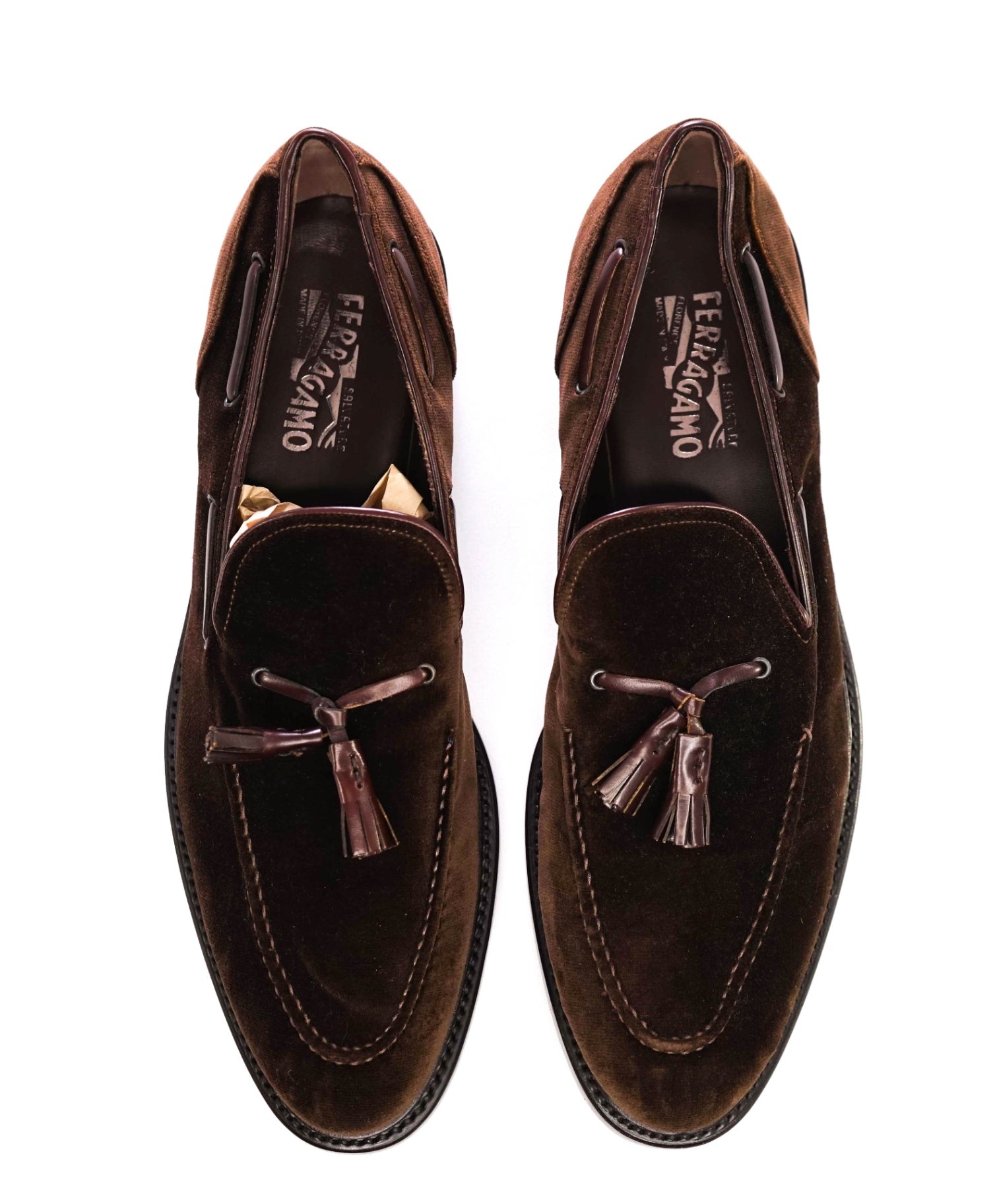 Salvatore Ferragamo Solid Brown Velvet Tassel Loafers 13 D