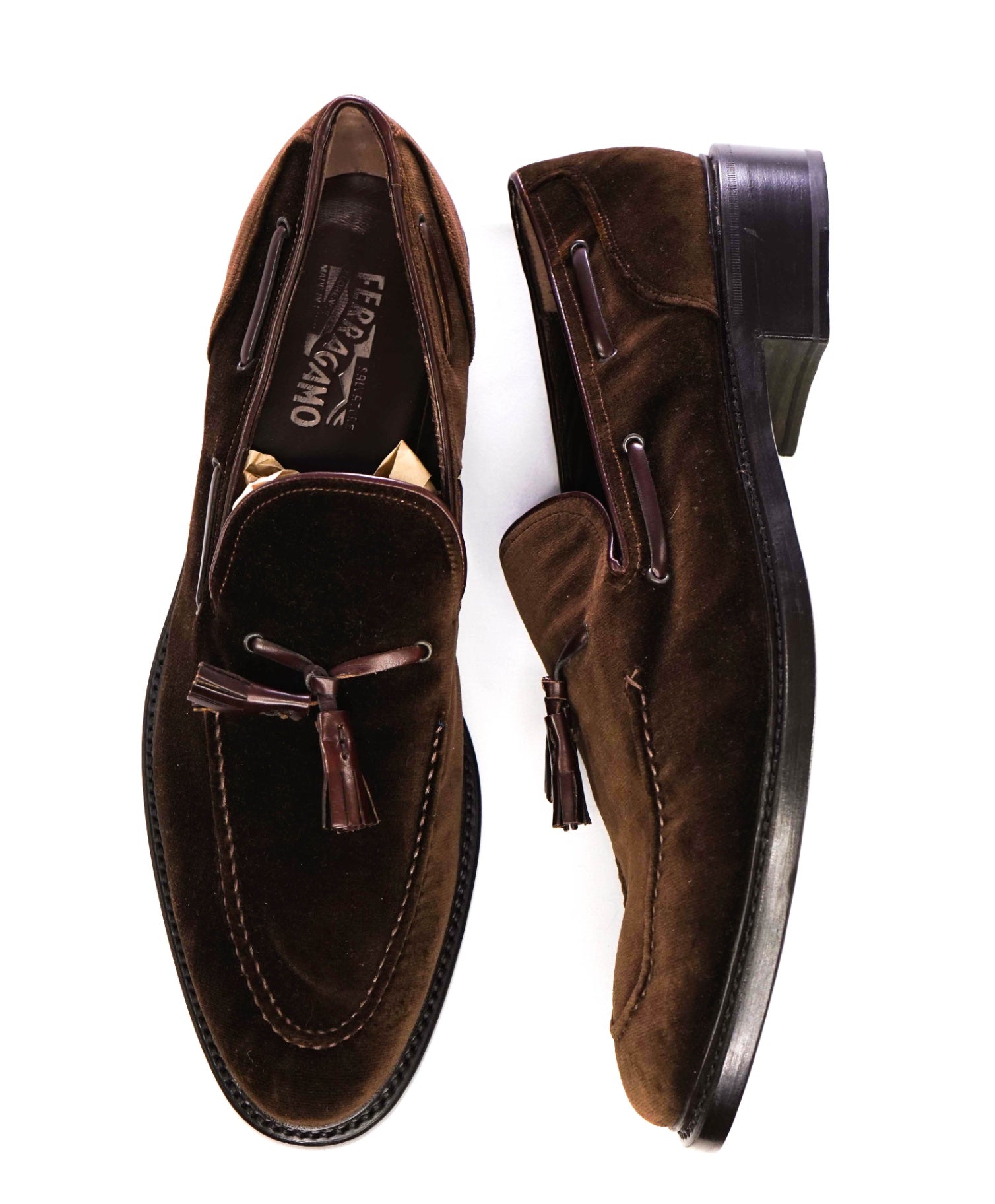 Salvatore Ferragamo Solid Brown Velvet Tassel Loafers 13 D