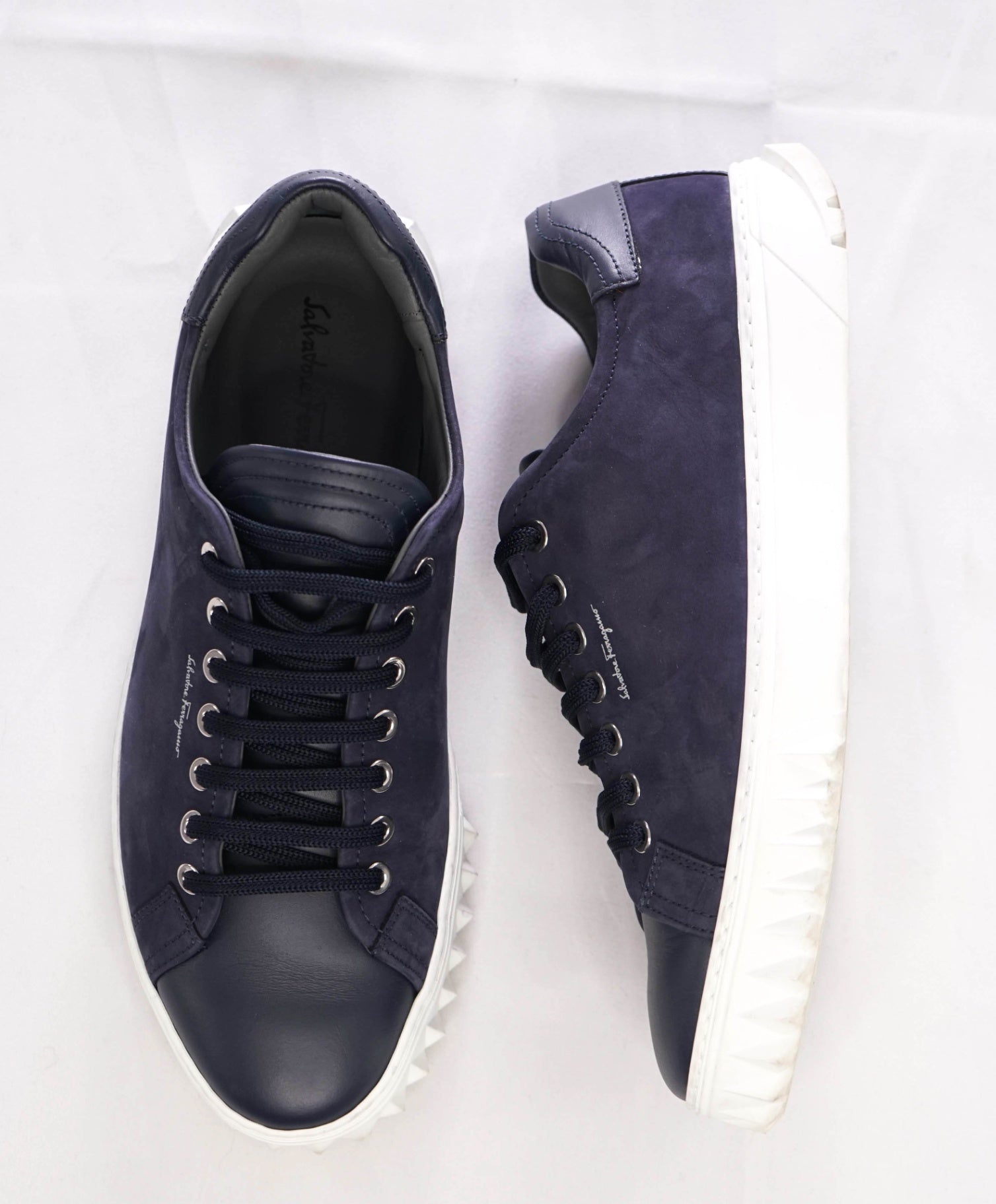 Salvatore Ferragamo "Rhinoceros" Solid Navy Suede/Leather Sneakers 7 M