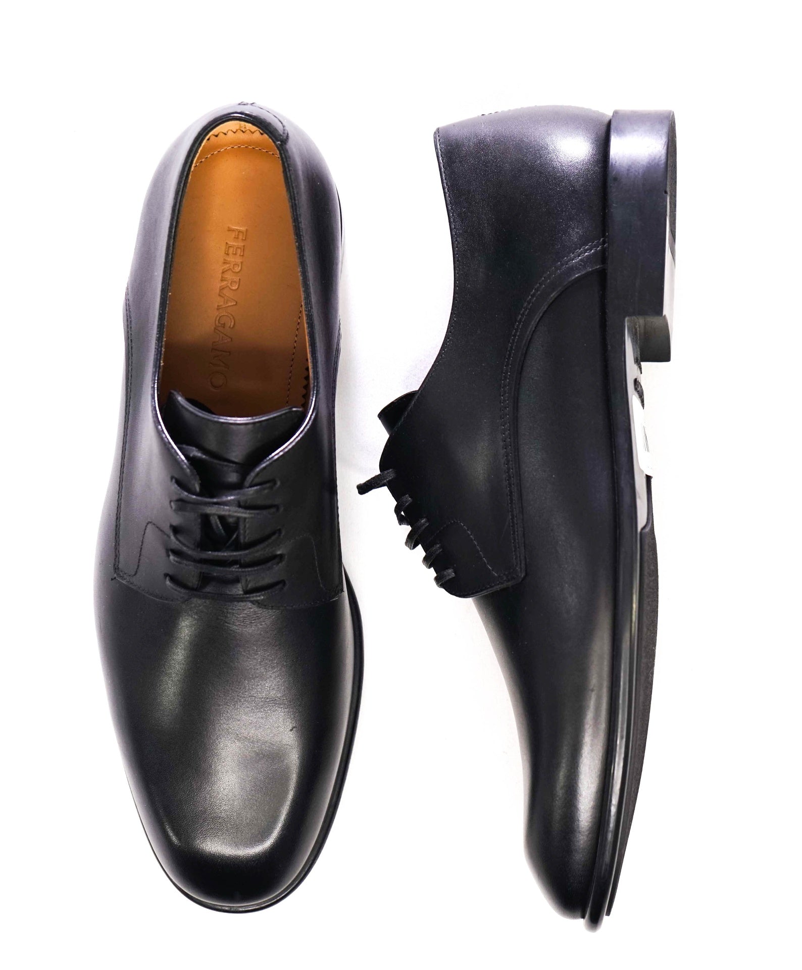 $880 Ferragamo "FOSCO" Solid Black Derbies Leather Oxfords 7.5 EE