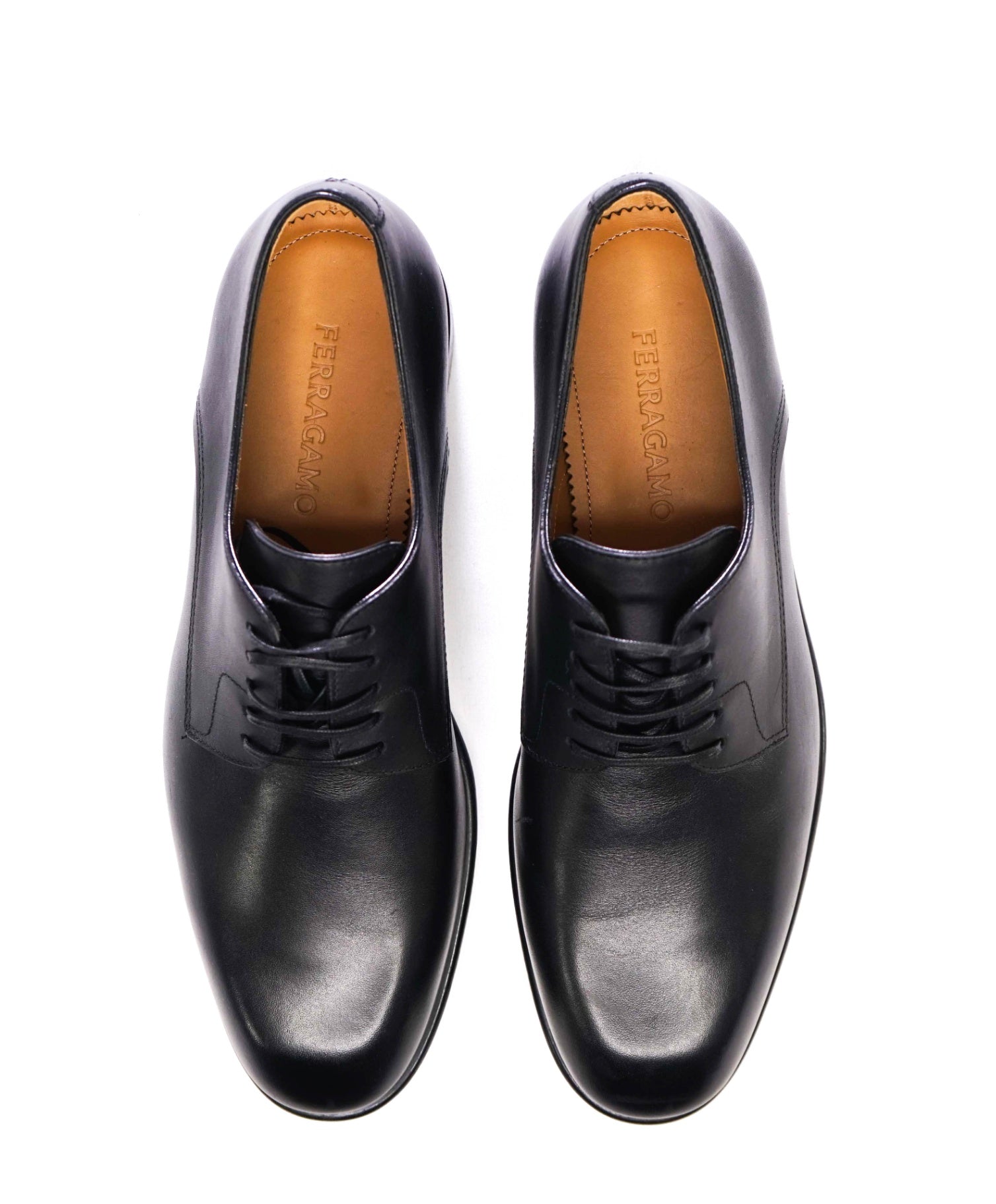 $880 Ferragamo "FOSCO" Solid Black Derbies Leather Oxfords 7.5 EE