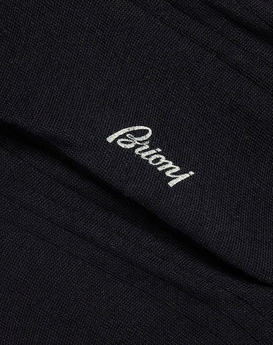 $125 BRIONI - Navy Blue *LINEN* MADE IN ITALY Logo Socks - 11IT 12US