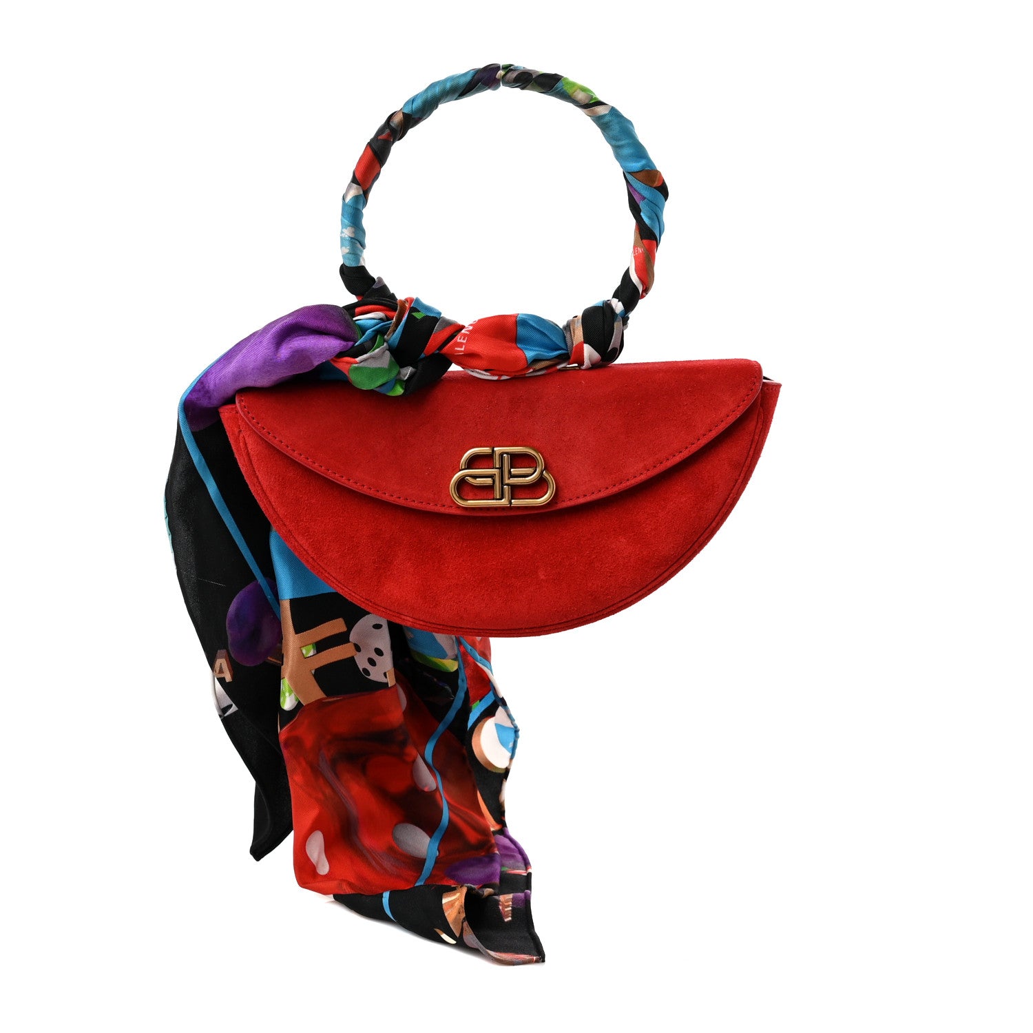 $1,400 BALENCIAGA - "OPERA" Red Suede & Printed Silk Twilly Handbag -