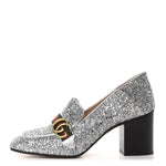 $940 GUCCI - Peyton Glitter Block Heel Loafers In Argento Silver 75mm - 9.5 US (39.5)