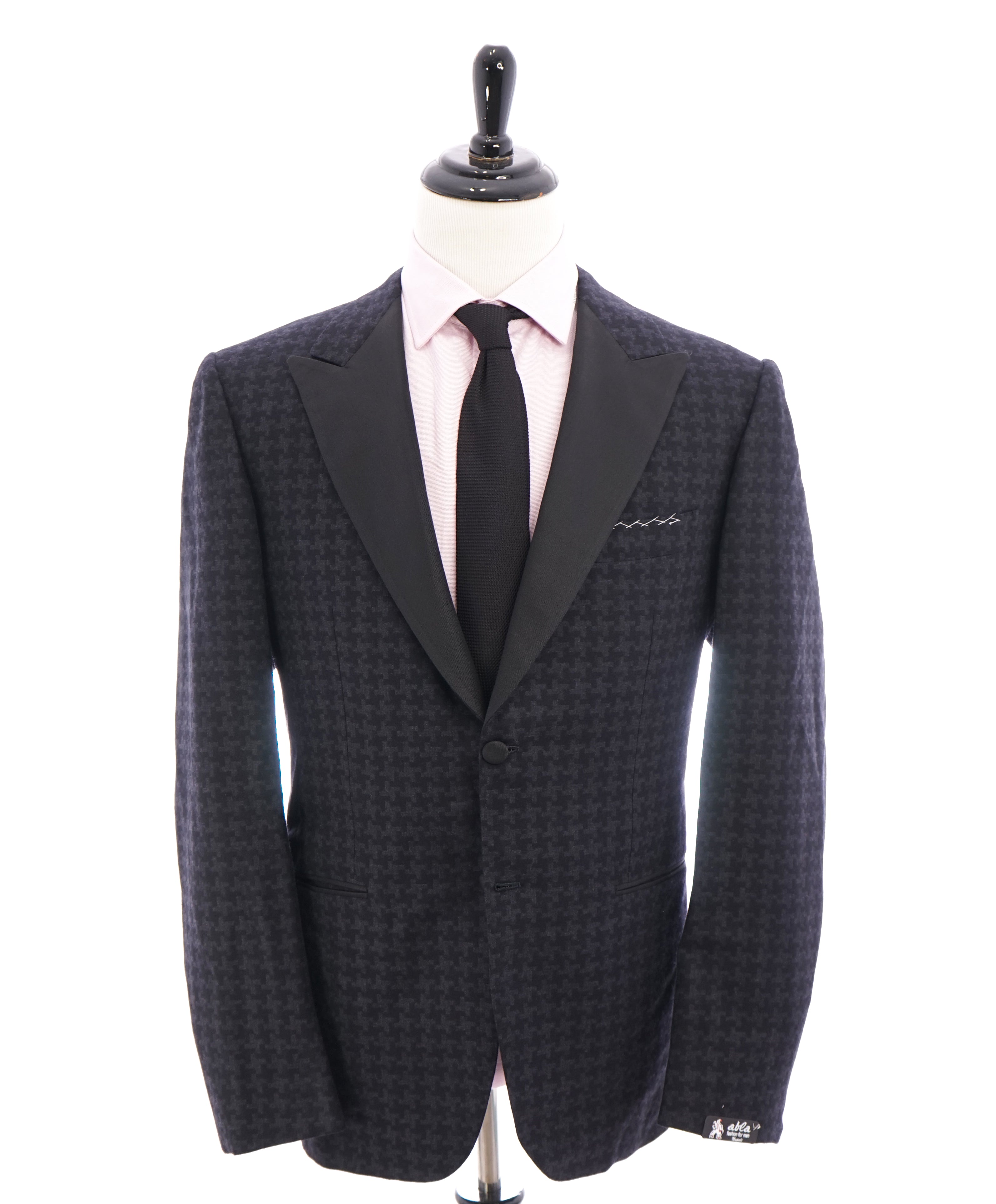 $3895 ABLA - Wide Satin Peak Lapel Bold Houndstooth Blazer "TOMFORD STYLE" - 46R