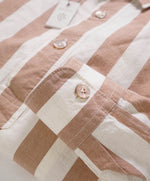 $495 ELEVENTY - Popover Cotton/Linen Ivory/Camel Button Shirt - M