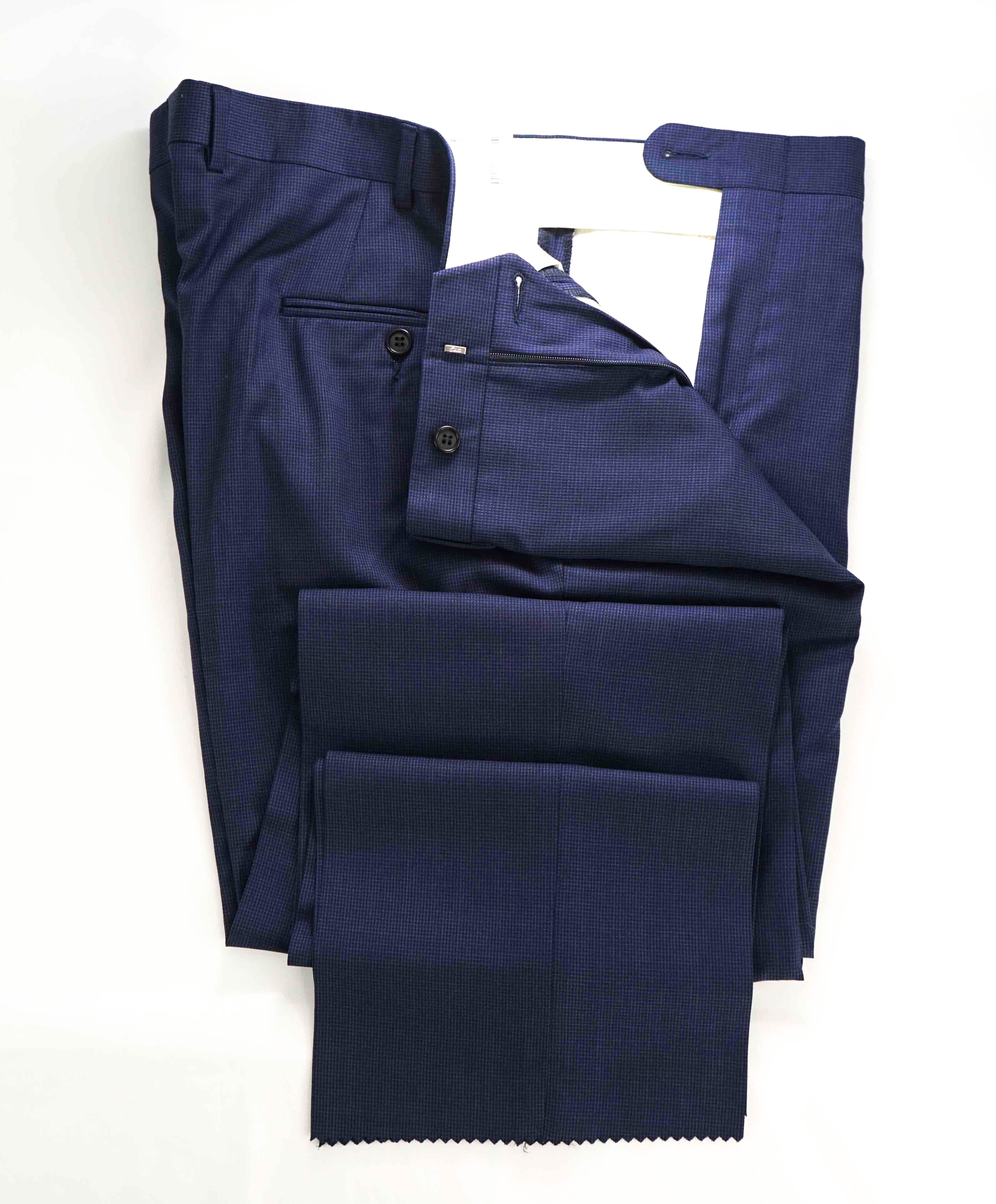 HICKEY FREEMAN - Heathered Blue Micro Check Wool Flat Front Dress Pants - 40W