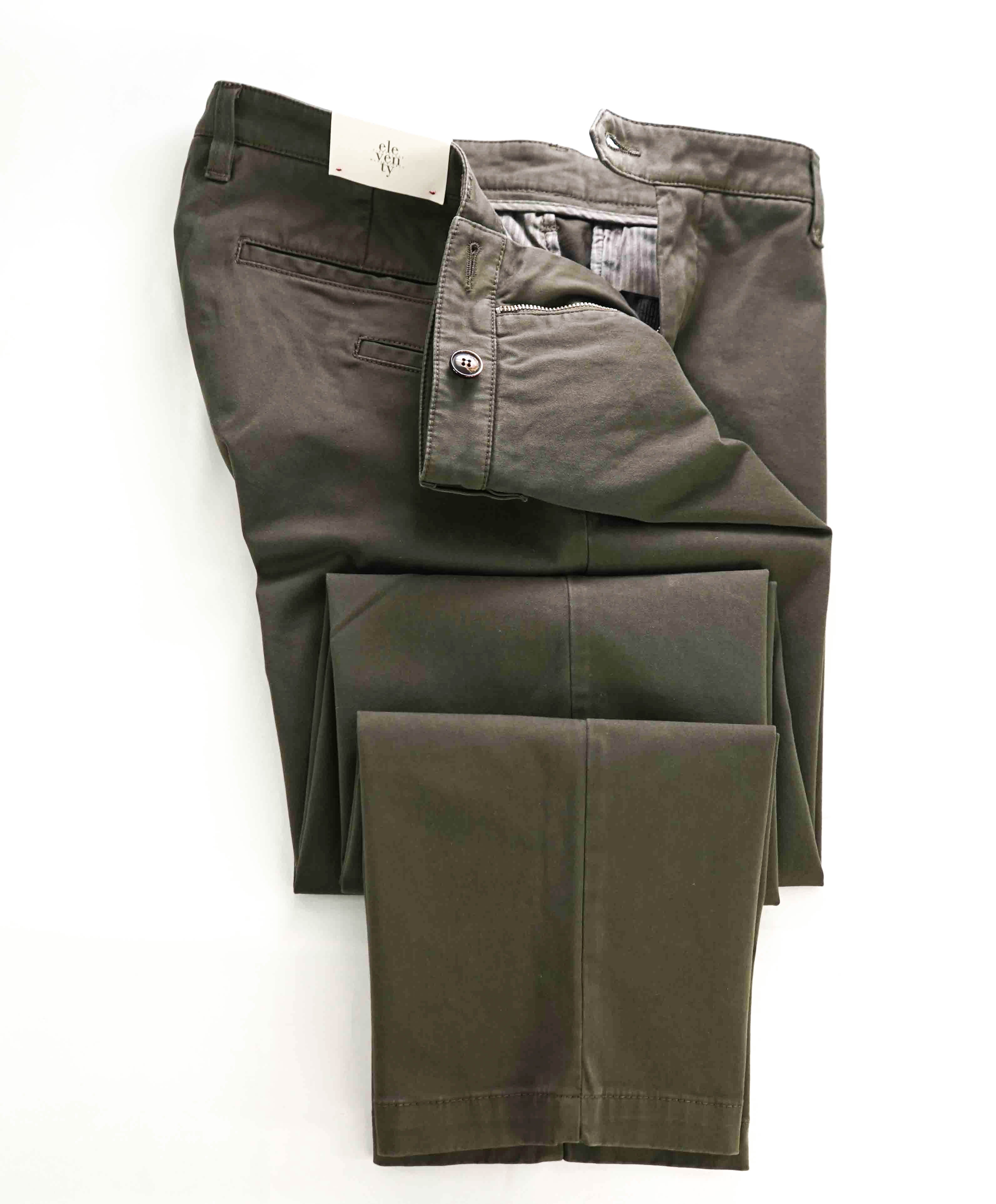 $395 ELEVENTY - Contrast Piping Olive Green Cotton/Elastane Chino Pants - 38W