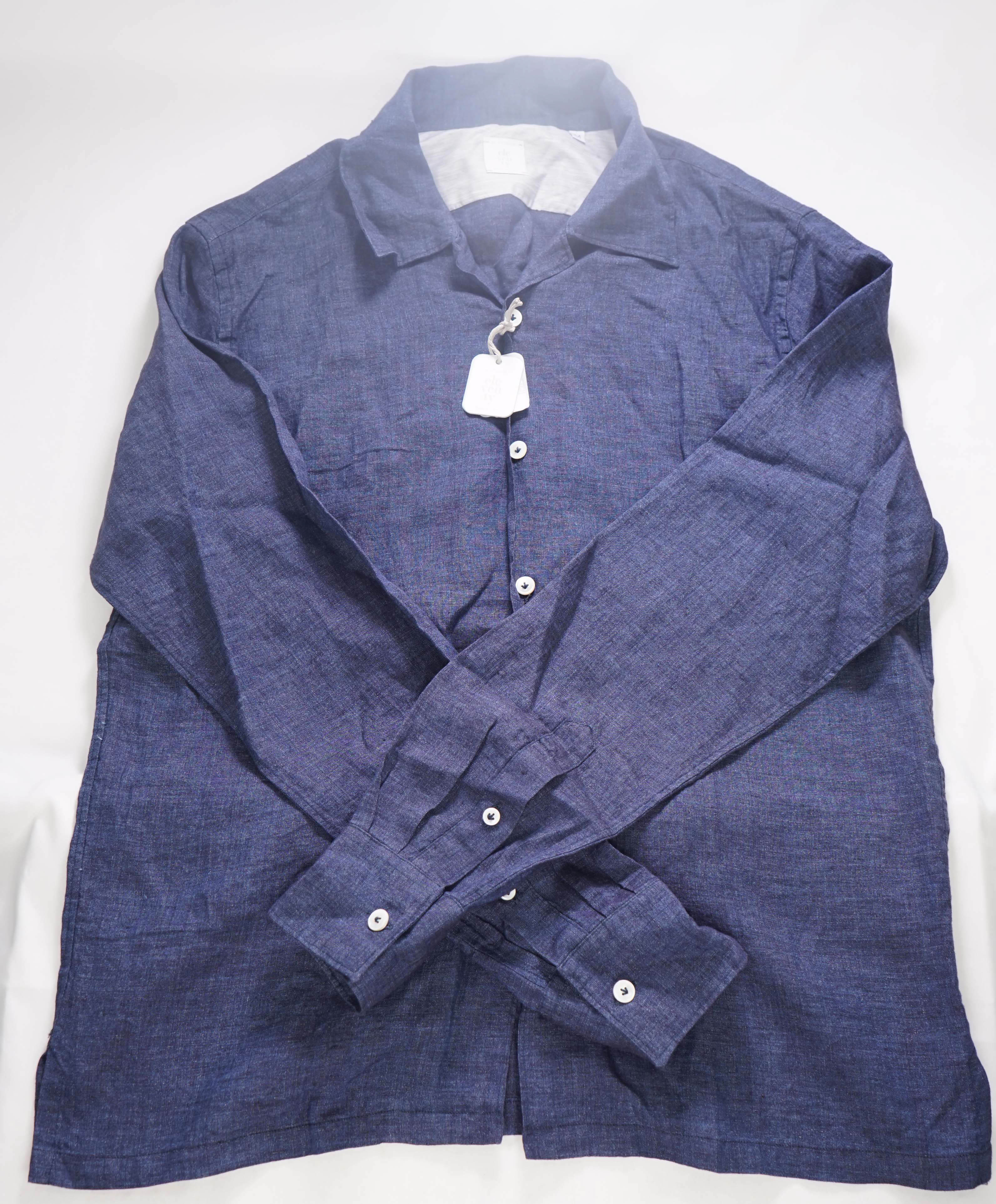 $495 ELEVENTY - Navy PURE LINEN Camp Collar Button Shirt - M