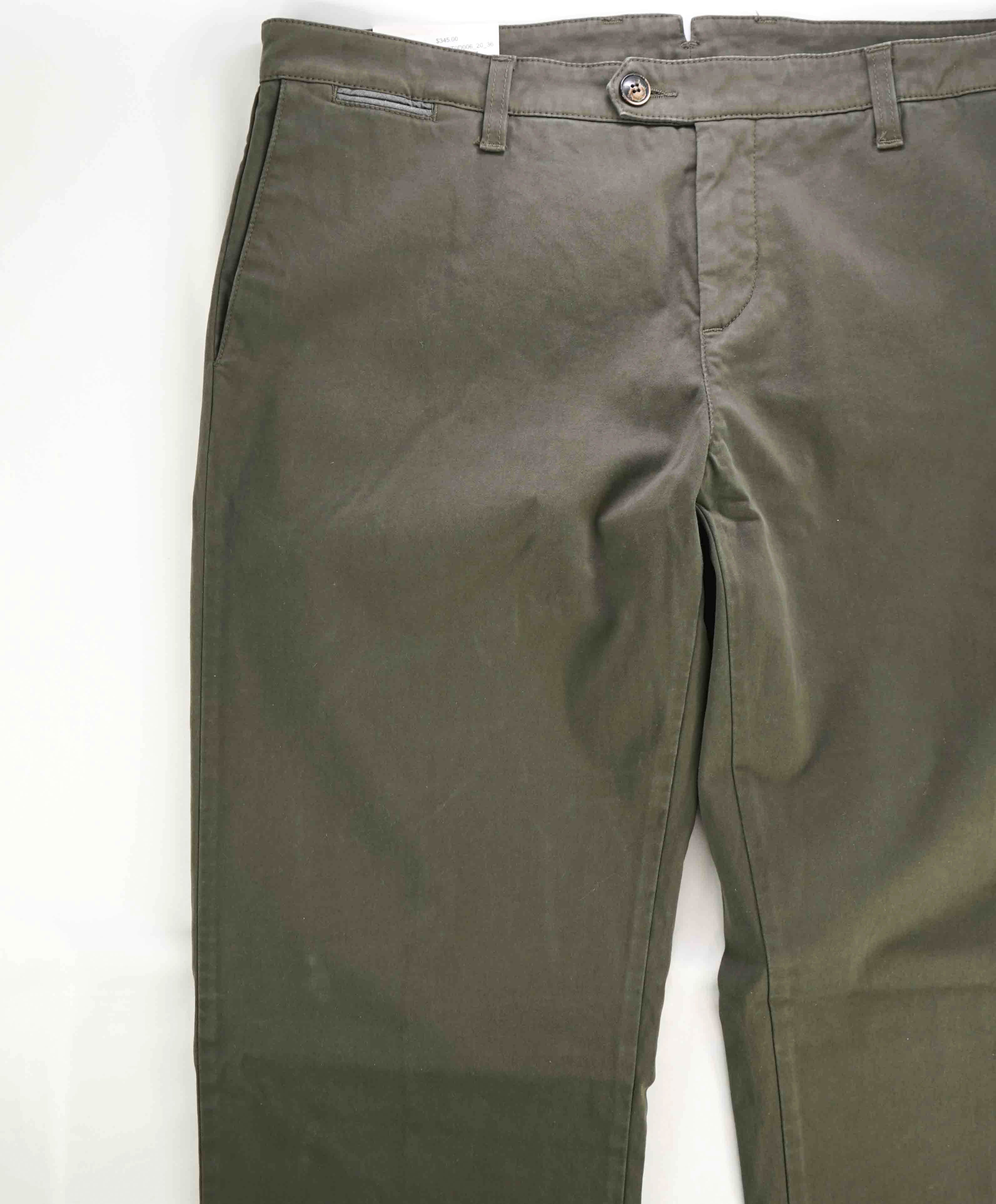 $395 ELEVENTY - Contrast Piping Olive Green Cotton/Elastane Chino Pants - 38W