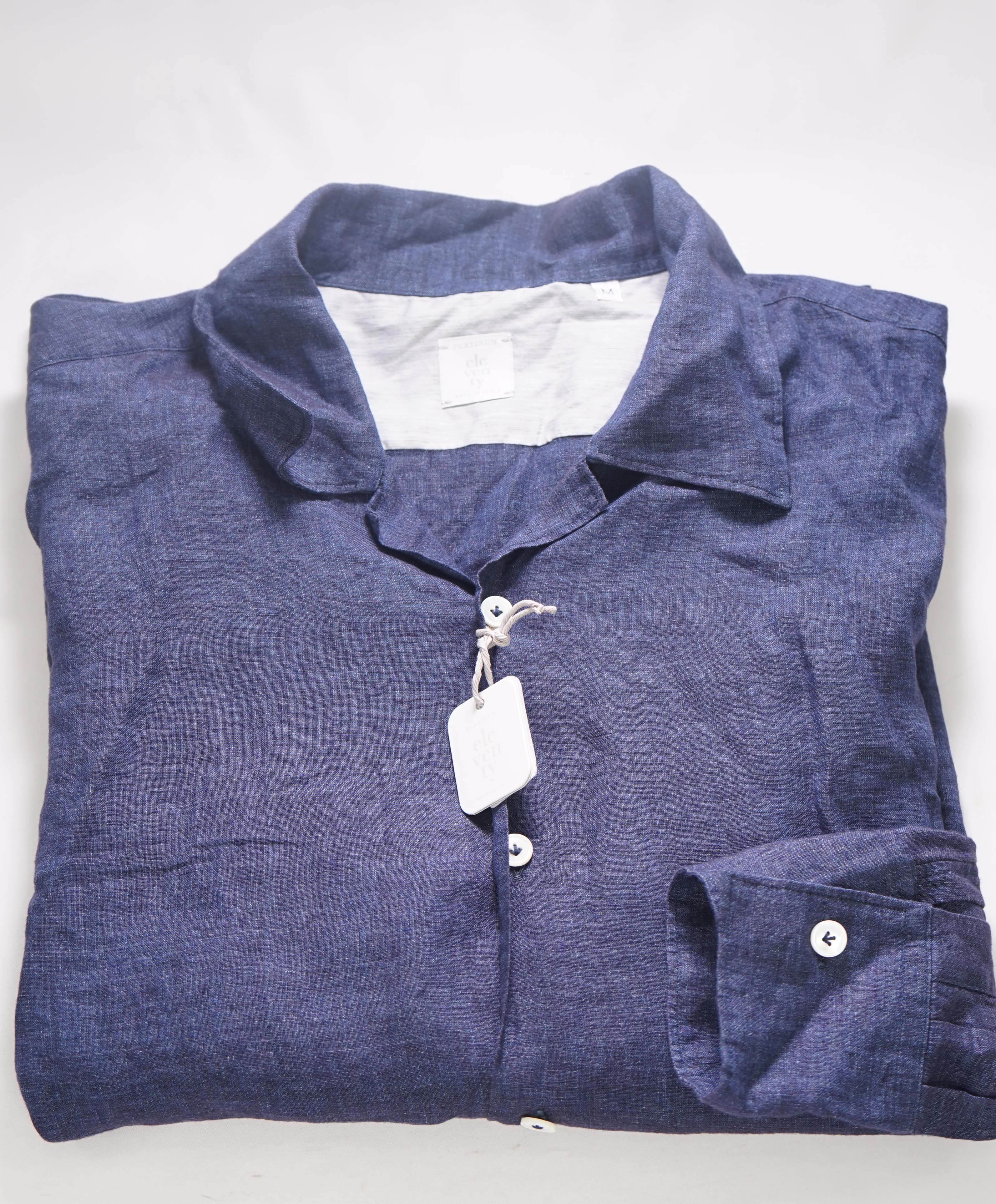 $495 ELEVENTY - Navy PURE LINEN Camp Collar Button Shirt - M