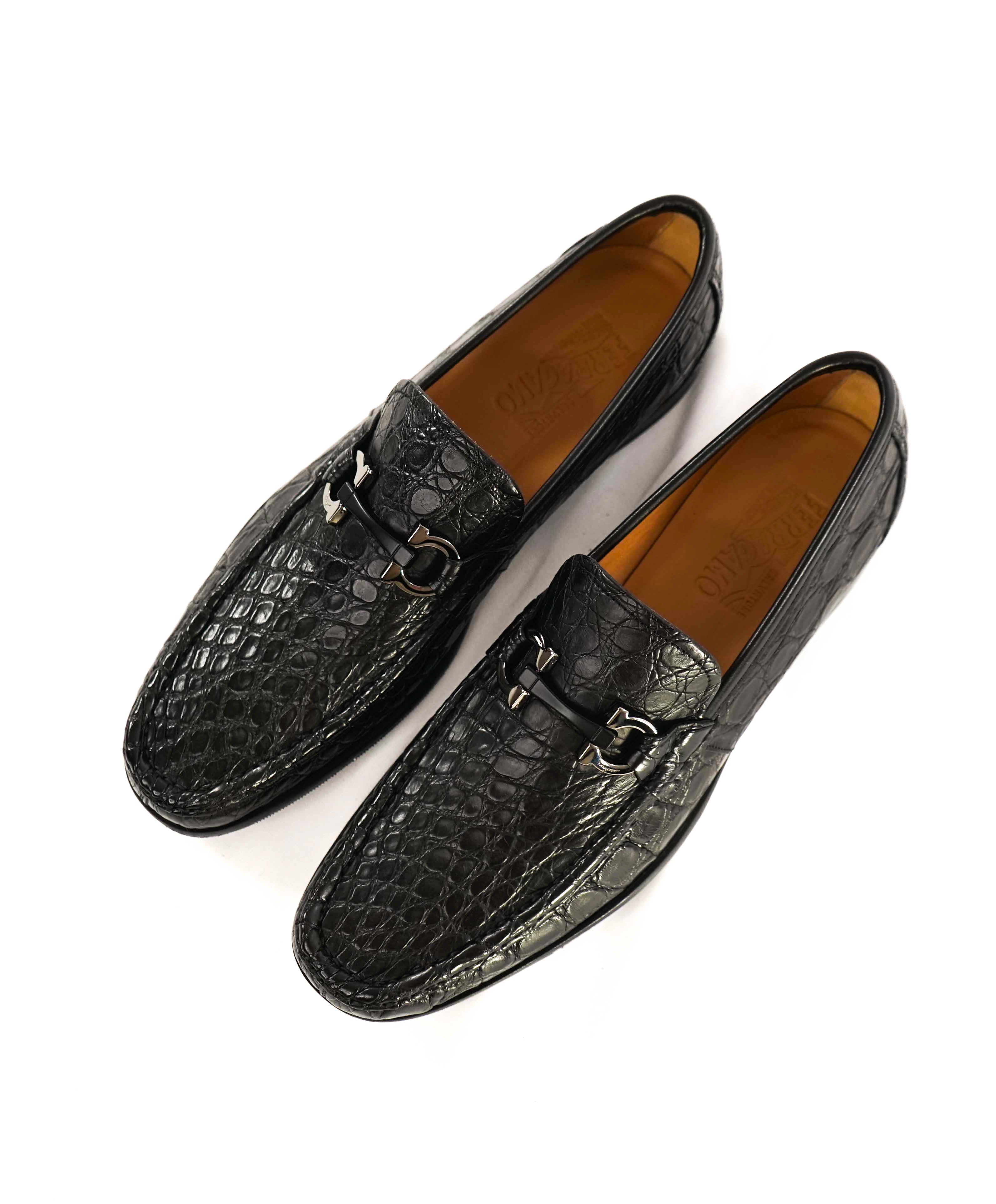 $2,200 SALVATORE FERRAGAMO -“GRANDIOSO" Gancini CROCODILE Black Loafer - 11 D