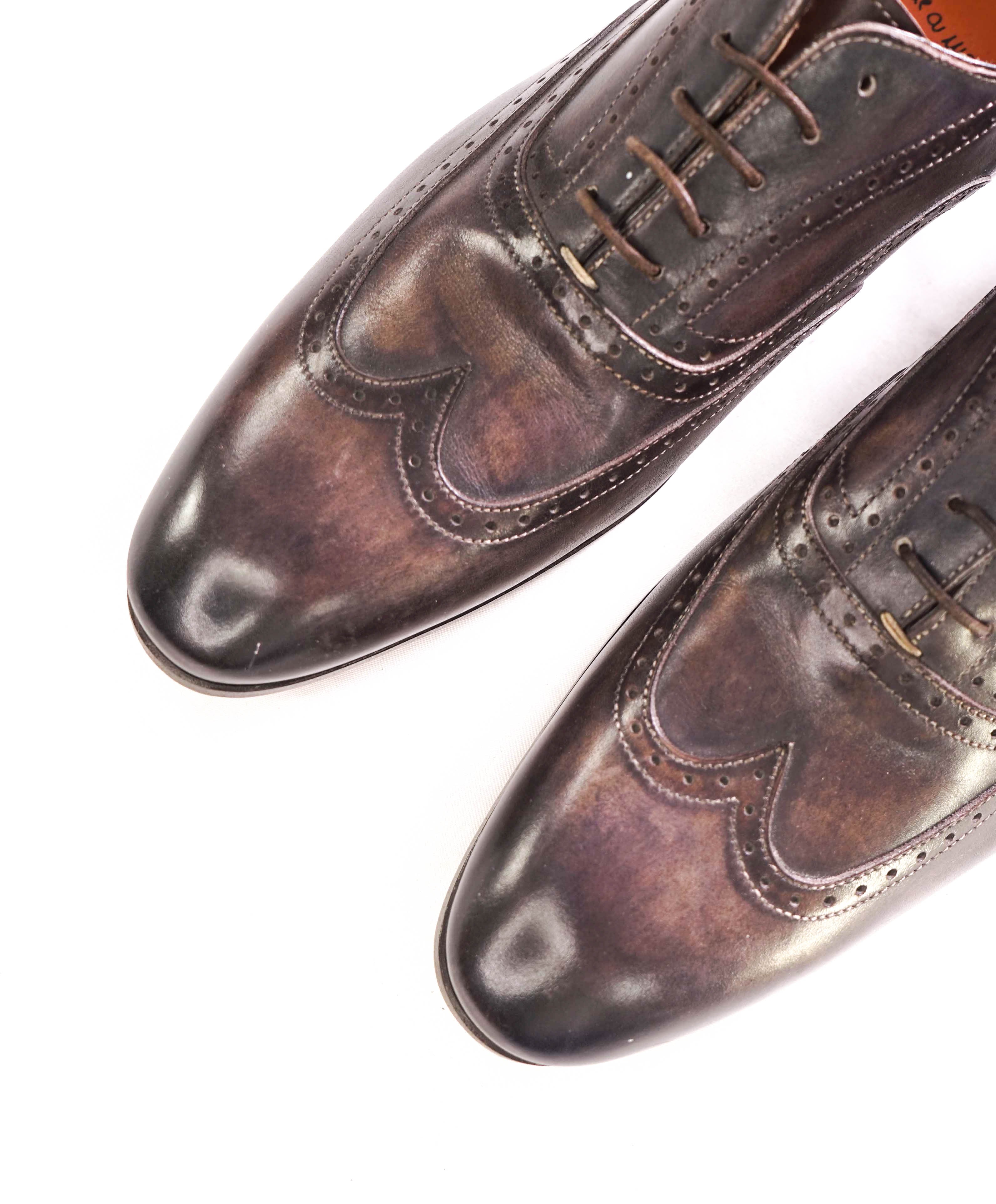 $1,295 SANTONI - "Fatte A Mano" Gray Patina Texture Hand Made Brogue Oxford - 9 US (8 Santoni)