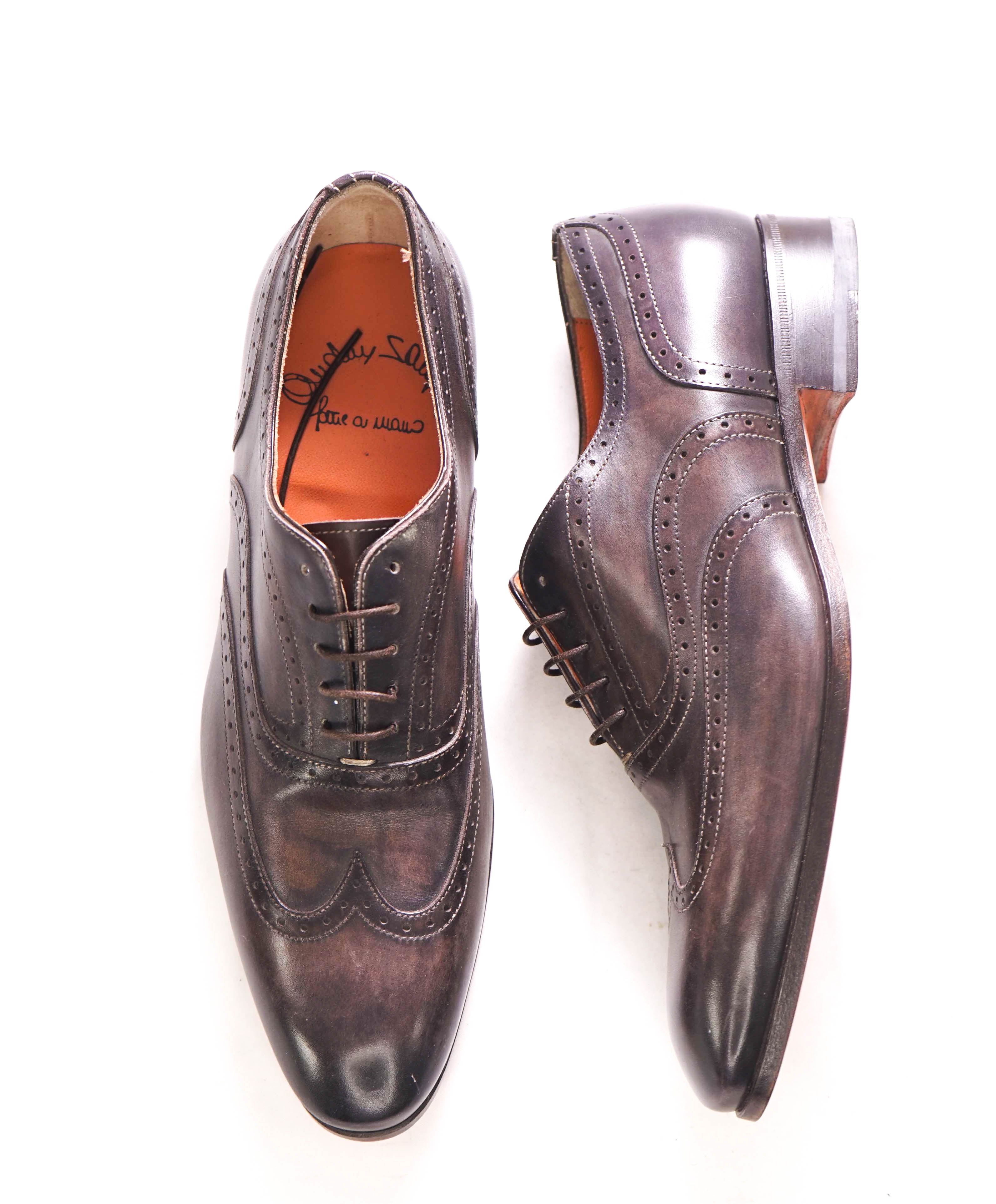 $1,295 SANTONI - "Fatte A Mano" Gray Patina Texture Hand Made Brogue Oxford - 9 US (8 Santoni)