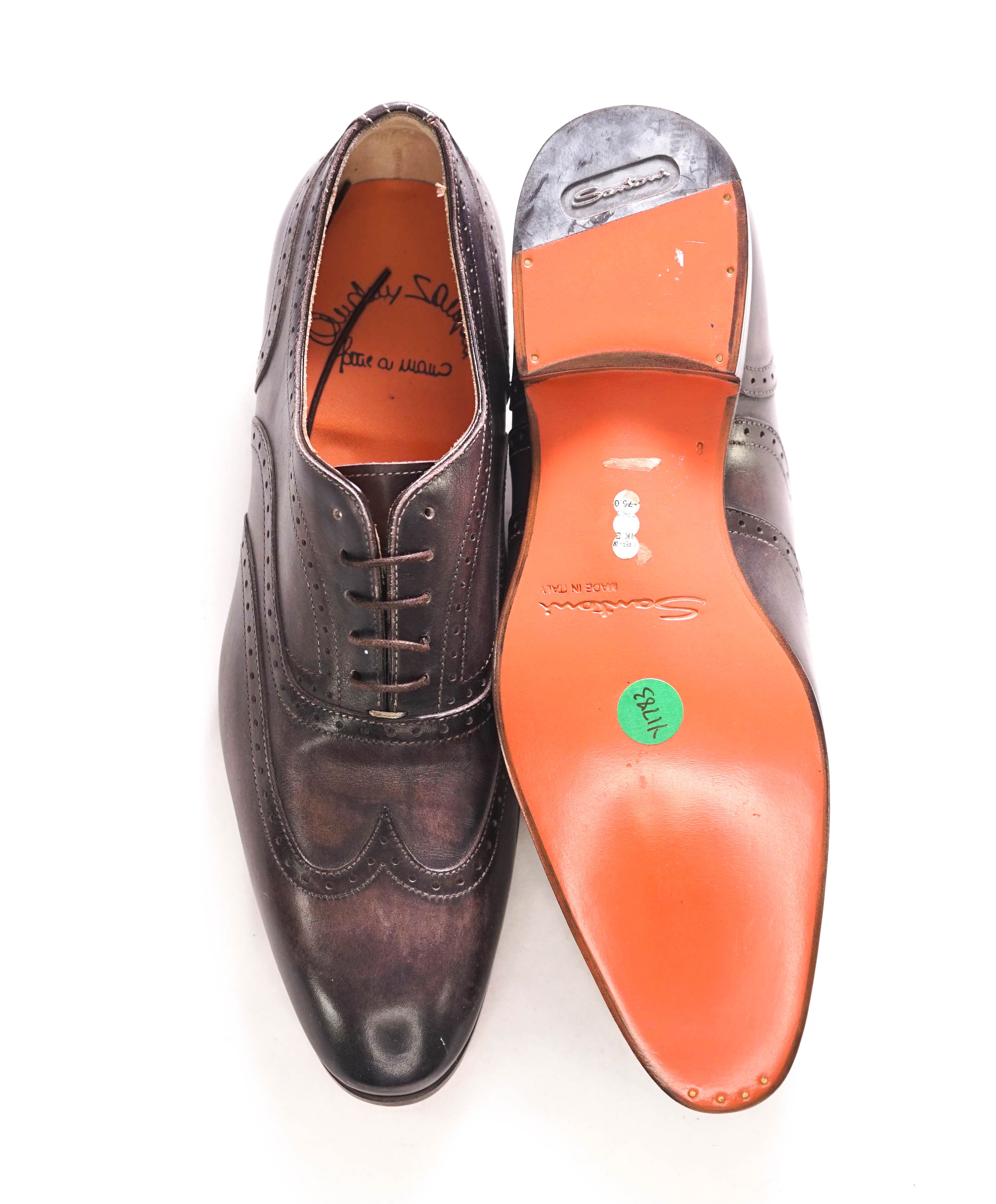 $1,295 SANTONI - "Fatte A Mano" Gray Patina Texture Hand Made Brogue Oxford - 9 US (8 Santoni)