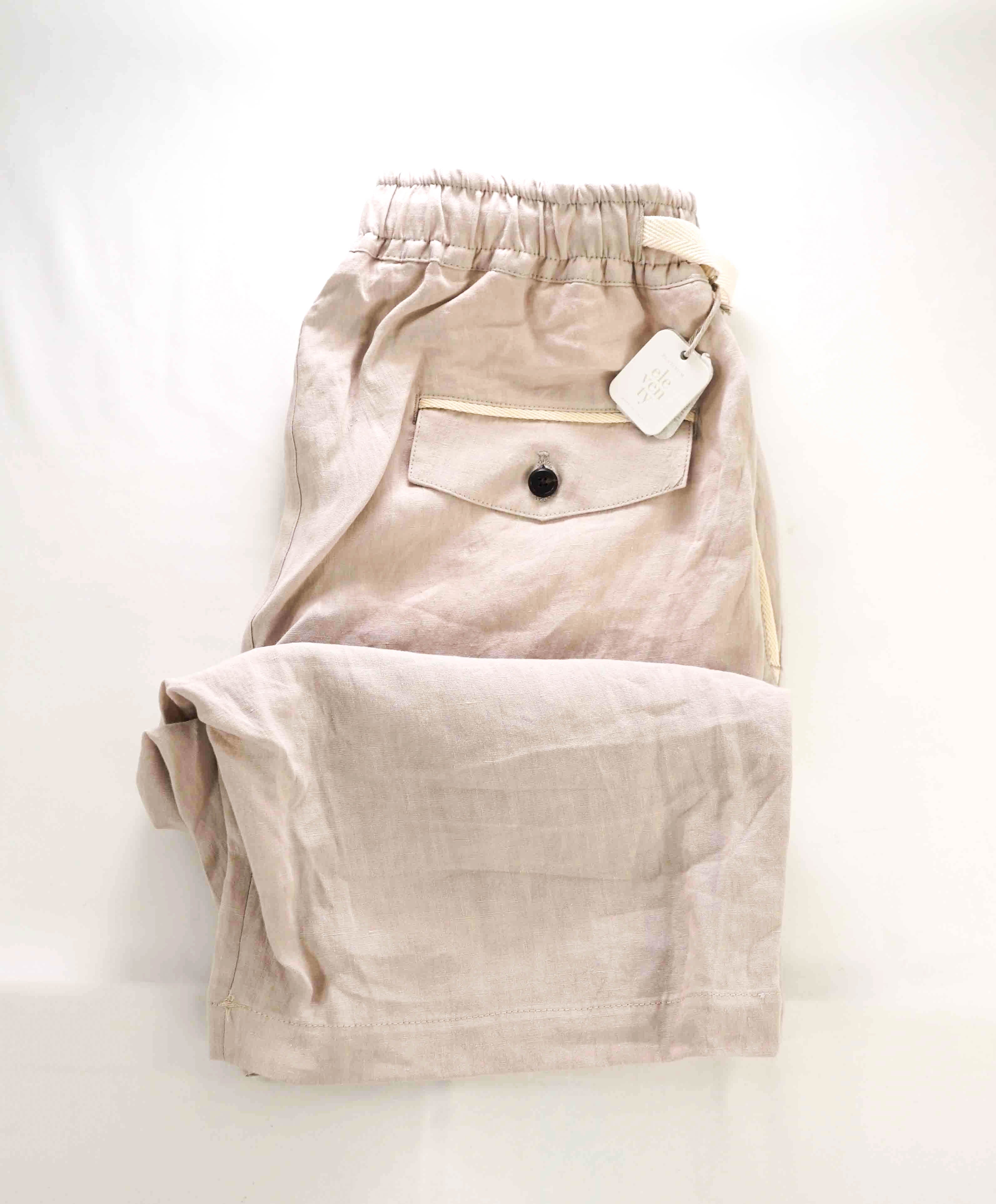 $695 ELEVENTY - Neutral Blue LINEN Belted Ivory Tipped Casual Shorts Pants - 33W