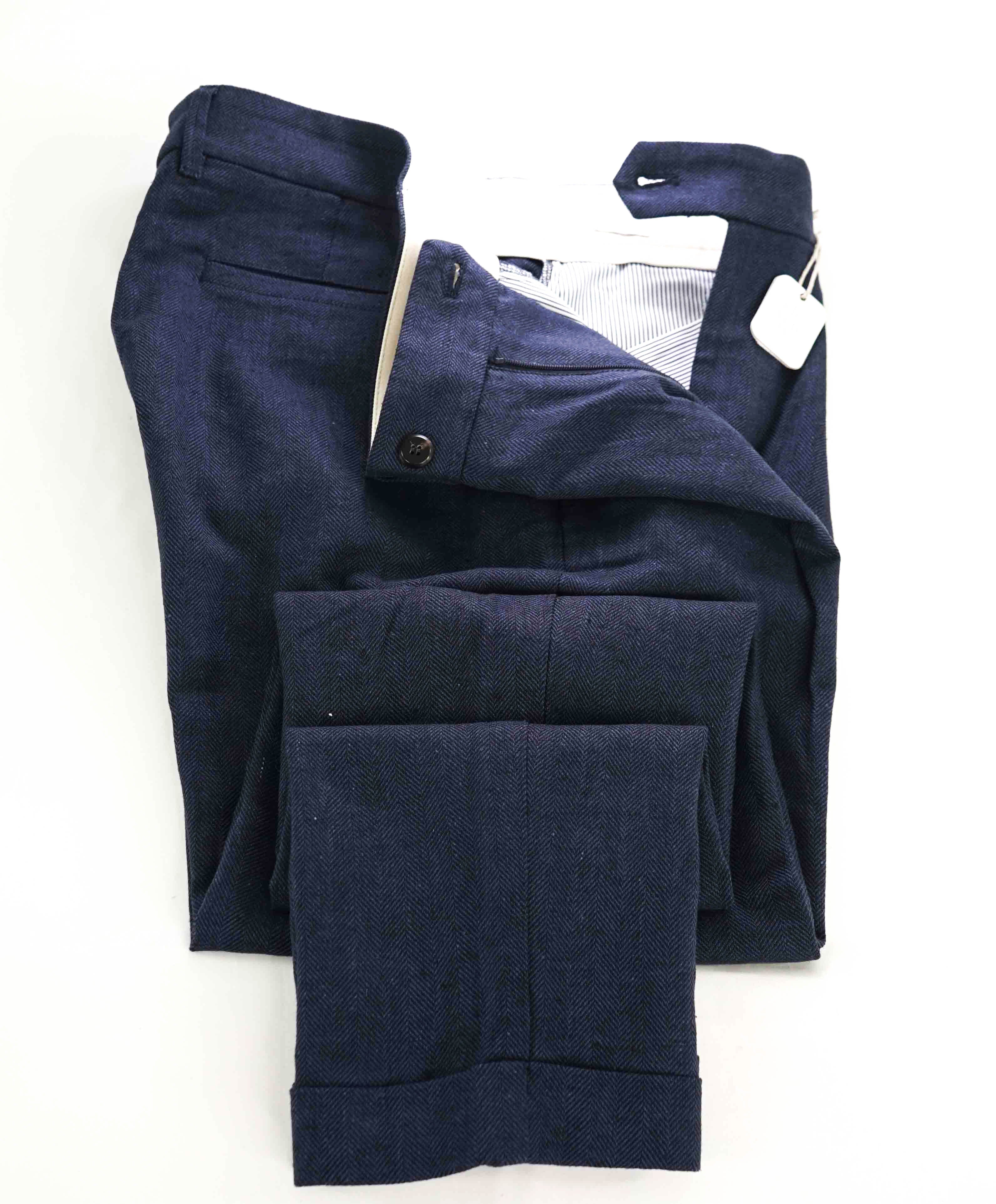 $575 ELEVENTY - Herringbone Fleck Blue Micro Dart Slim Dress Pants- 33W