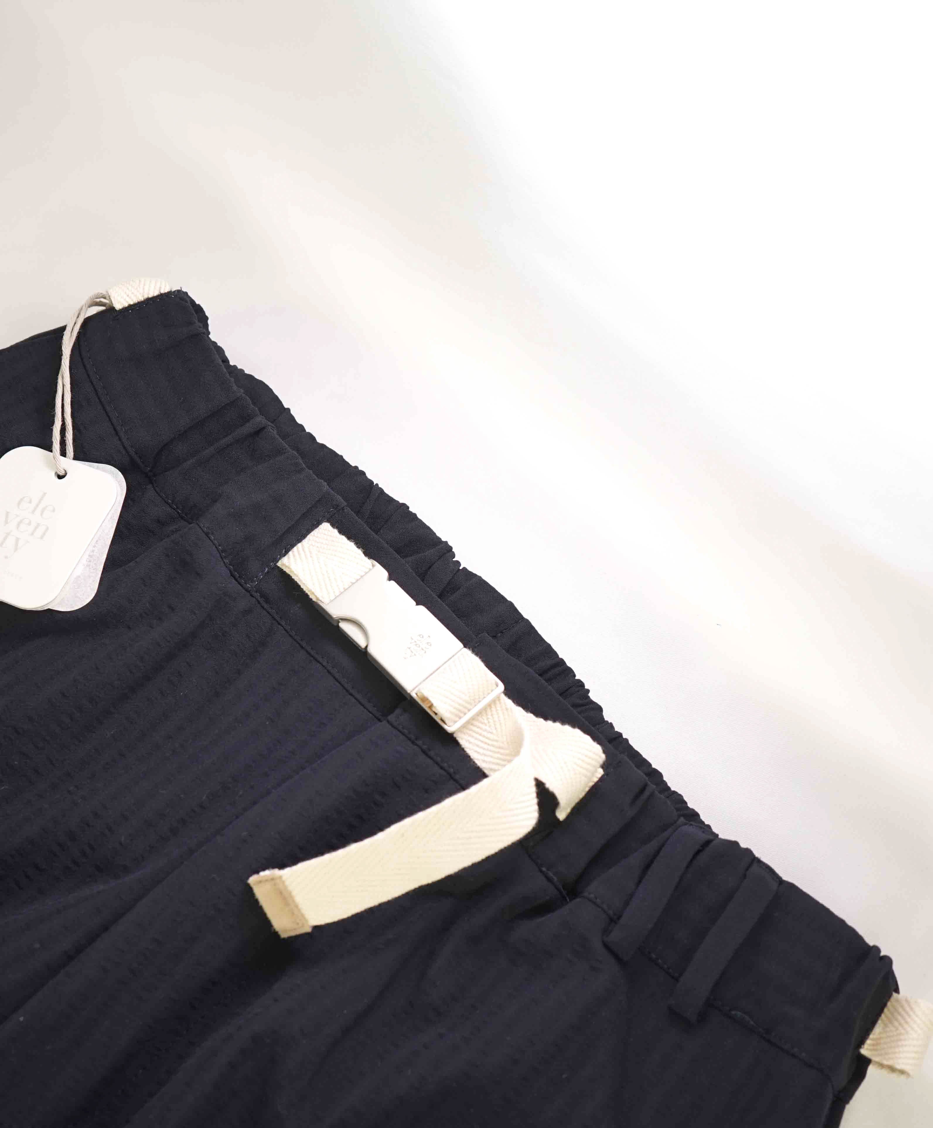 $1,045 ELEVENTY -Navy Blue Seersucker Wool Belted Ivory Casual Pants- 33W (50EU)