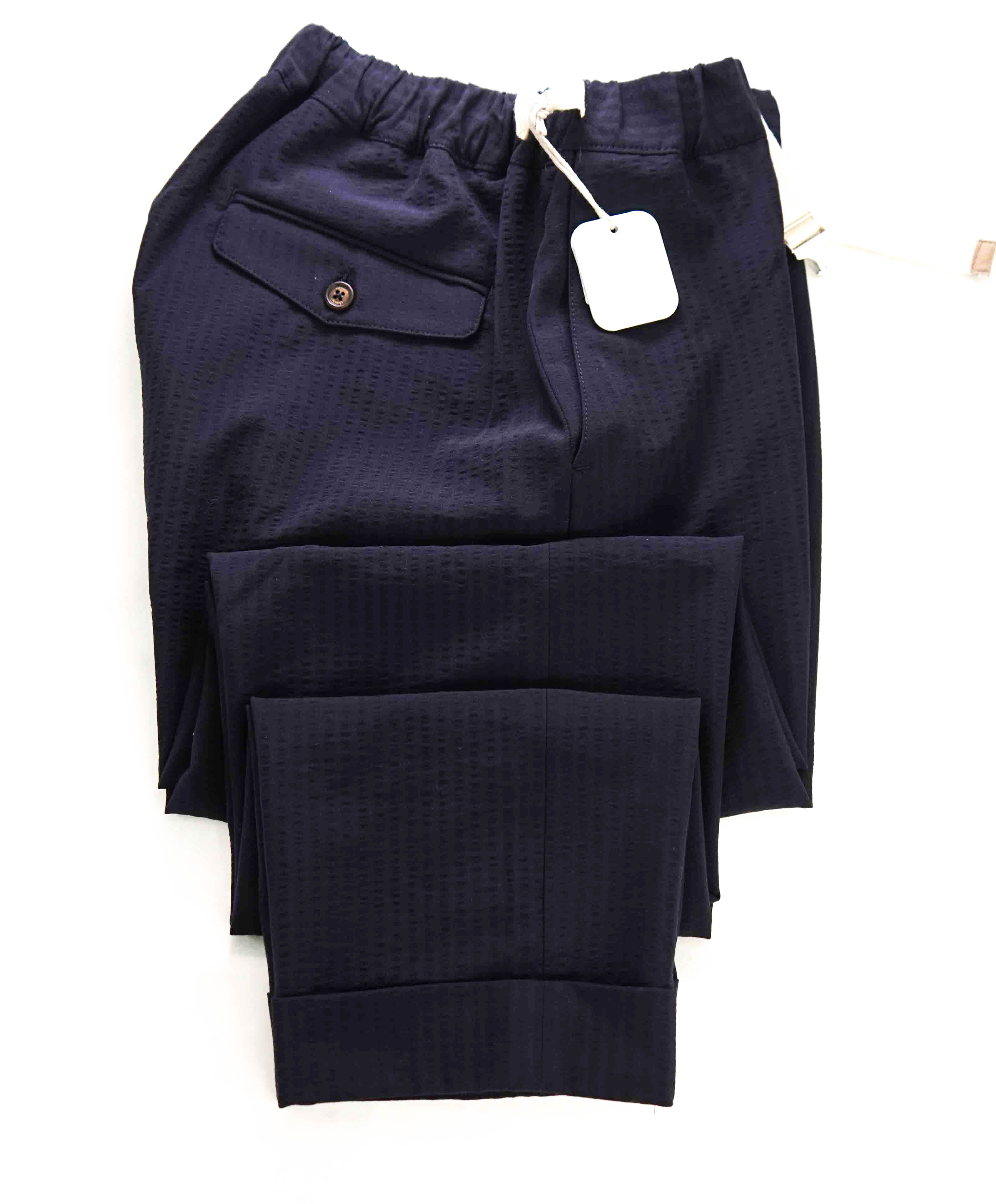 $1,045 ELEVENTY -Navy Blue Seersucker Wool Belted Ivory Casual Pants- 33W (50EU)