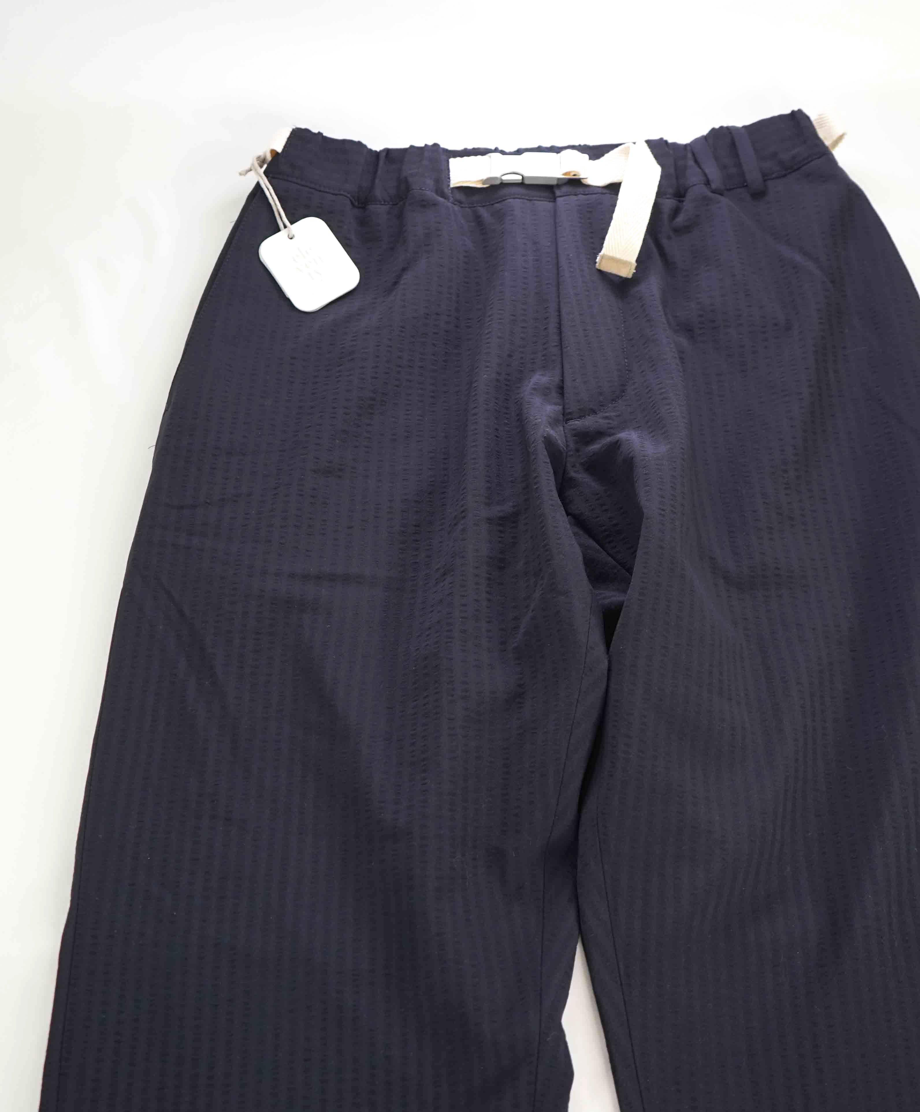 $1,045 ELEVENTY -Navy Blue Seersucker Wool Belted Ivory Casual Pants- 33W (50EU)