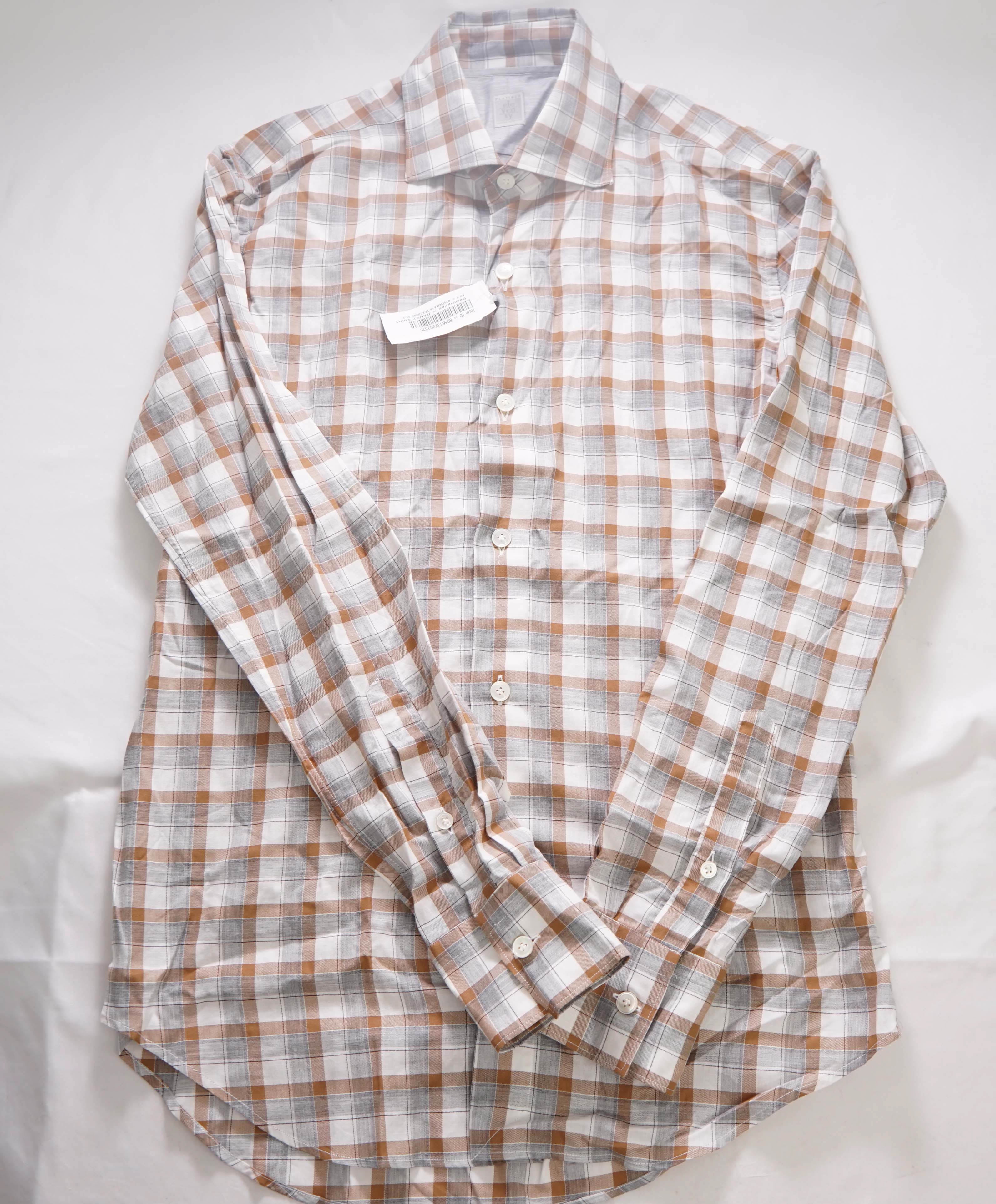 $495 ELEVENTY - *SPREAD COLLAR* Brown/White Check Dress Shirt - S