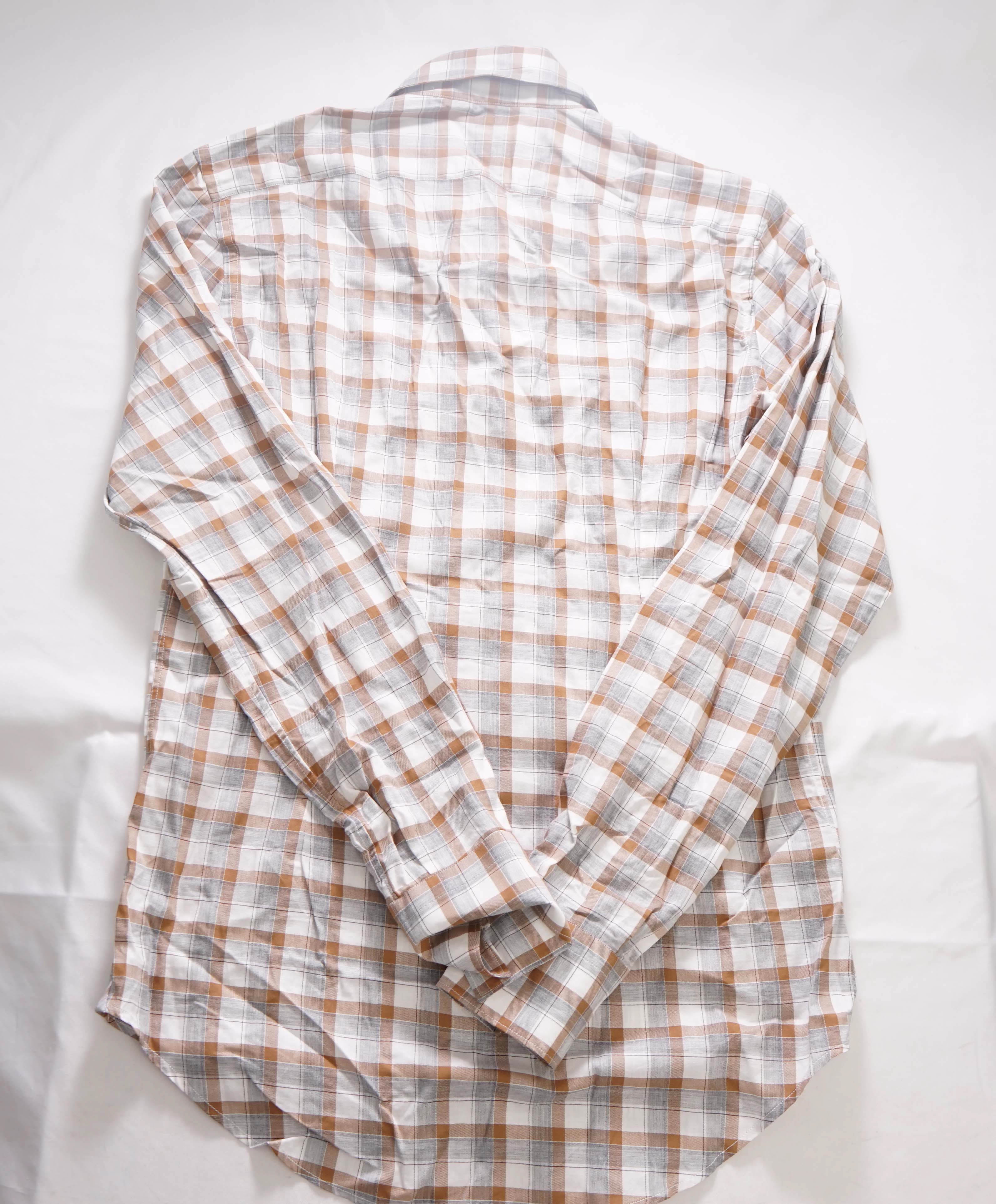 $495 ELEVENTY - *SPREAD COLLAR* Brown/White Check Dress Shirt - S