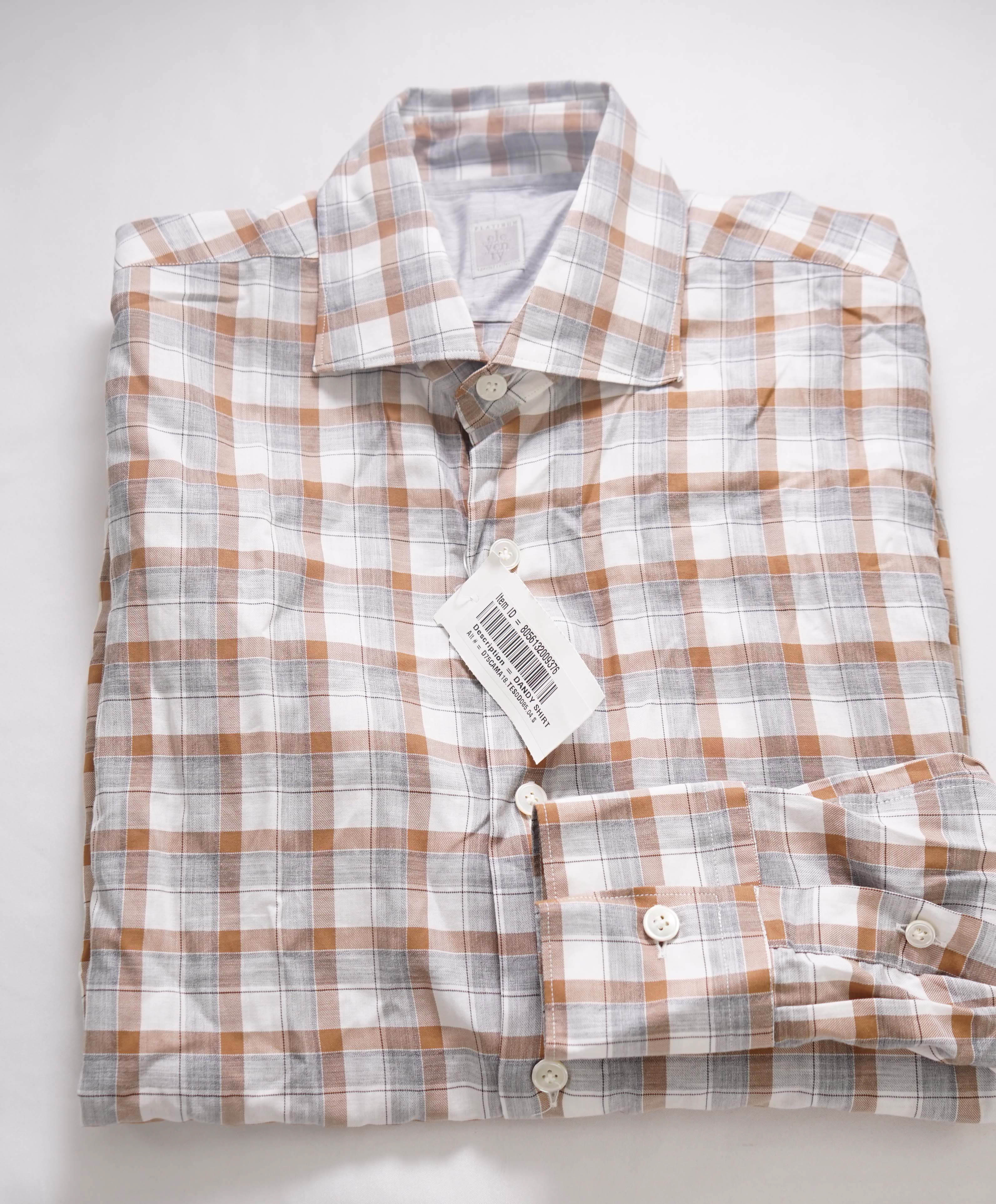 $495 ELEVENTY - *SPREAD COLLAR* Brown/White Check Dress Shirt - S