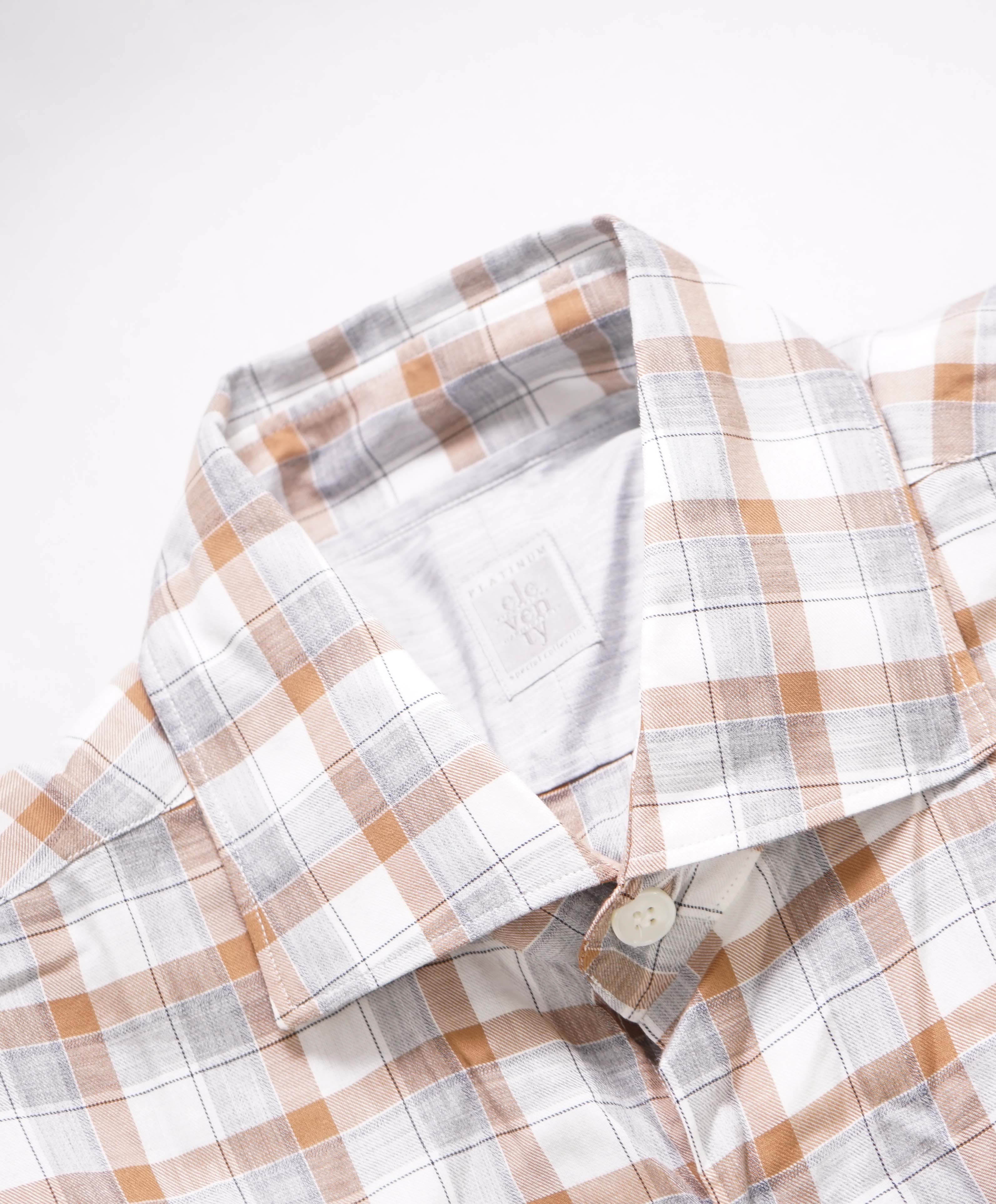 $495 ELEVENTY - *SPREAD COLLAR* Brown/White Check Dress Shirt - S