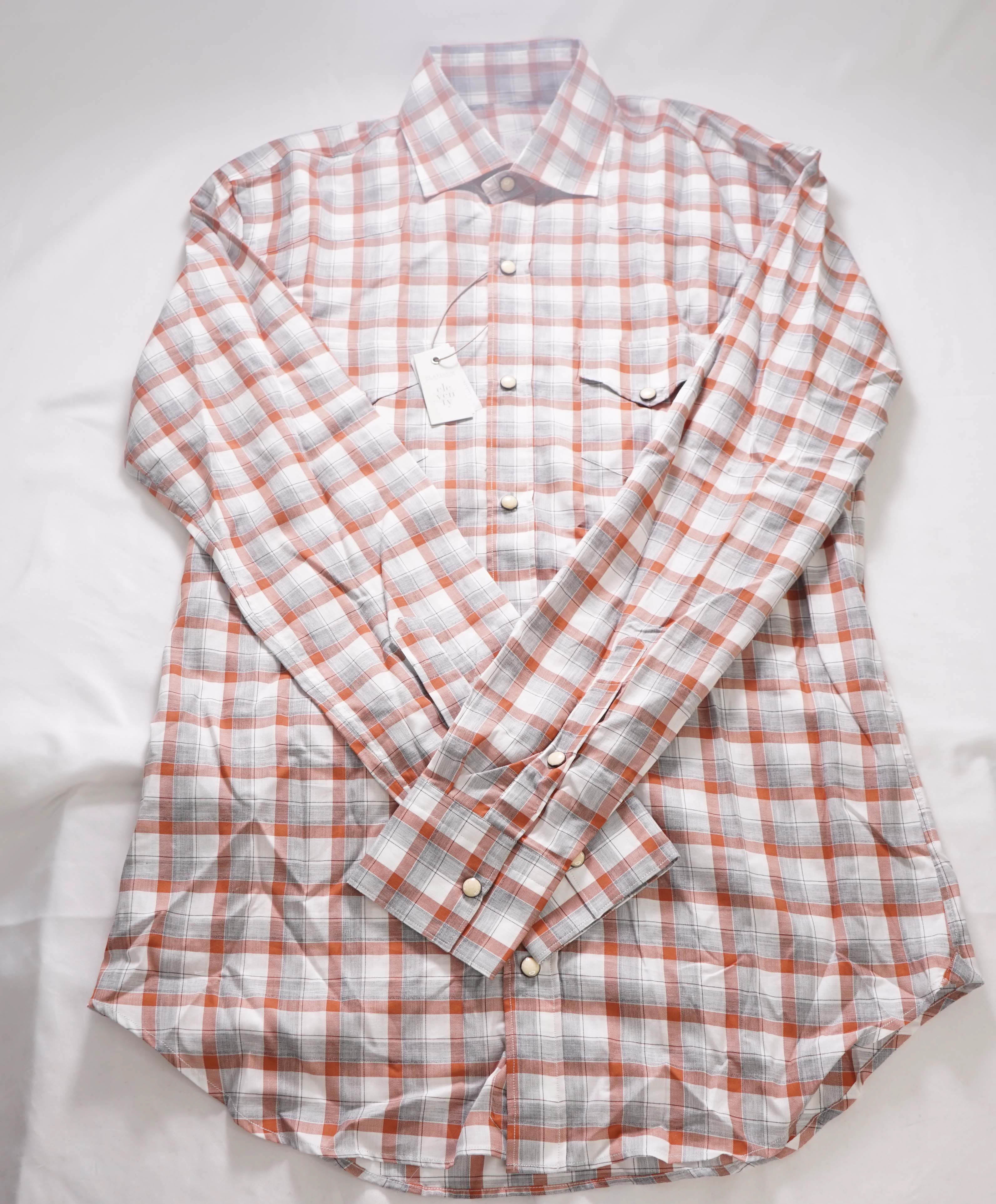 $495 ELEVENTY - *SNAP FRONT* Orange/White Check Dress Shirt - M