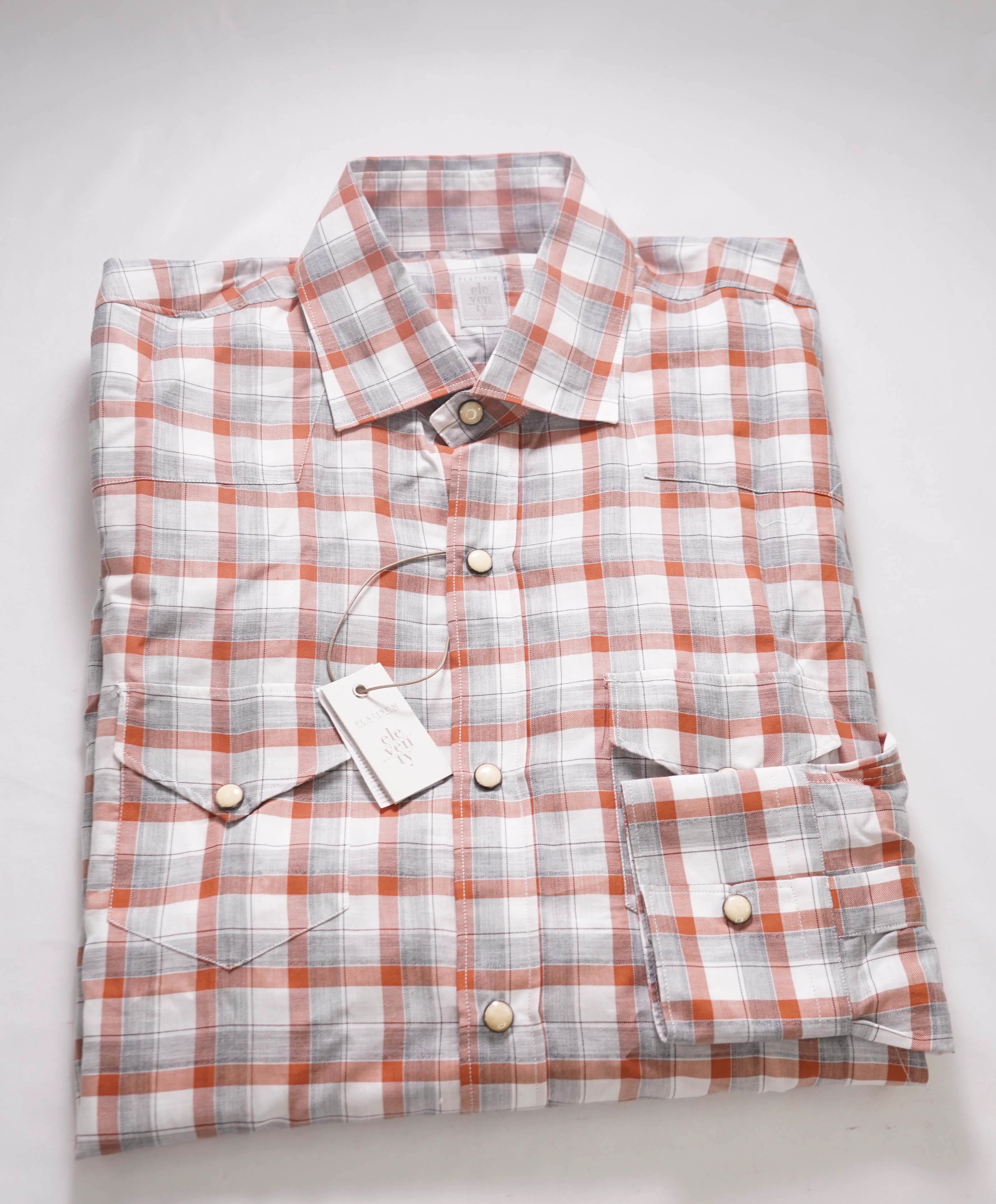 $495 ELEVENTY - *SNAP FRONT* Orange/White Check Dress Shirt - M