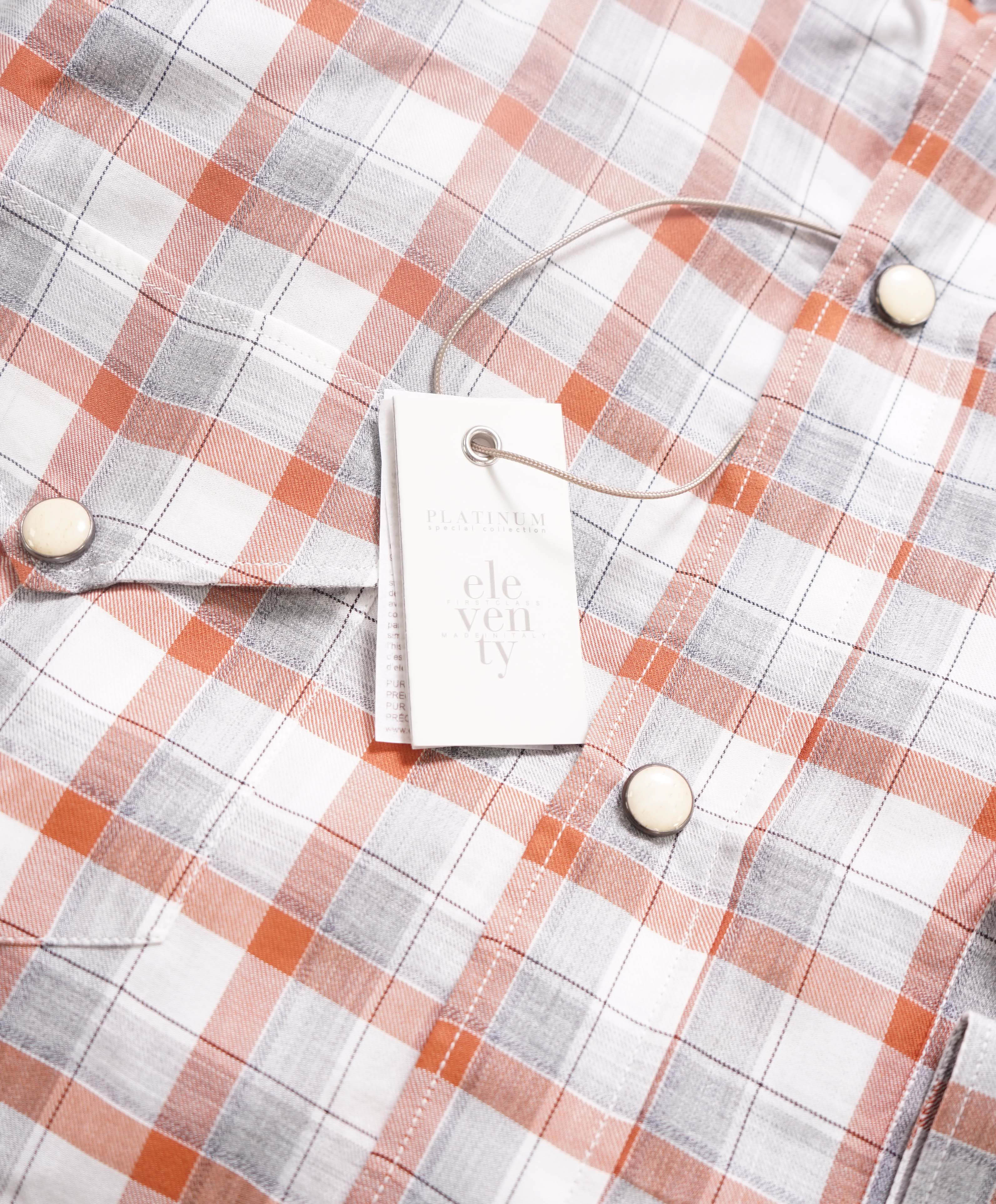 $495 ELEVENTY - *SNAP FRONT* Orange/White Check Dress Shirt - M