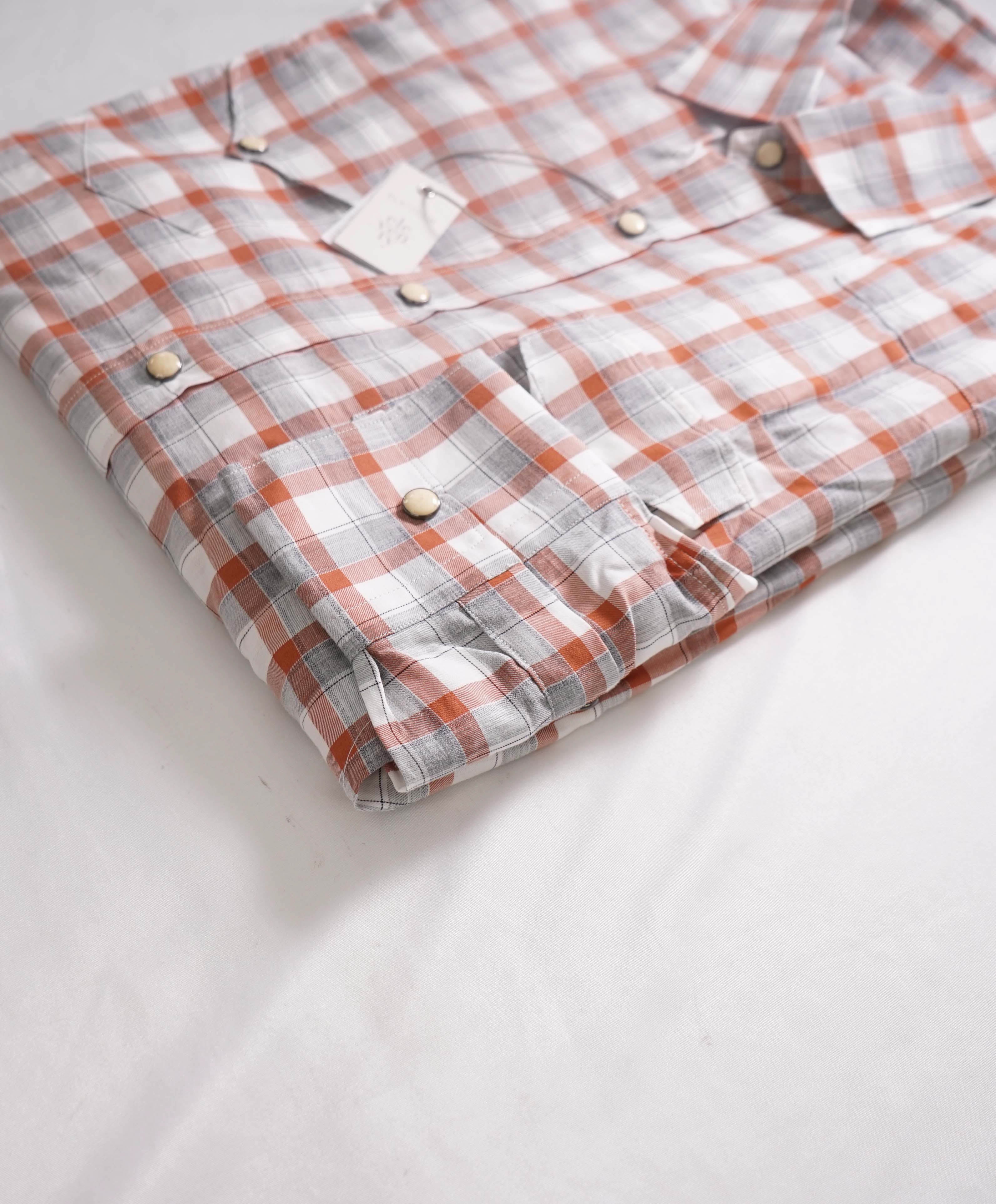 $495 ELEVENTY - *SNAP FRONT* Orange/White Check Dress Shirt - M