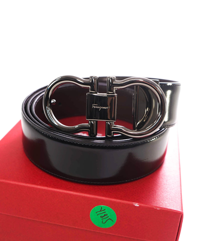 $535 SALVATORE FERRAGAMO - Black Wire Gancini Buckle Leather Belt - 40W (Cut To Smaller Size)