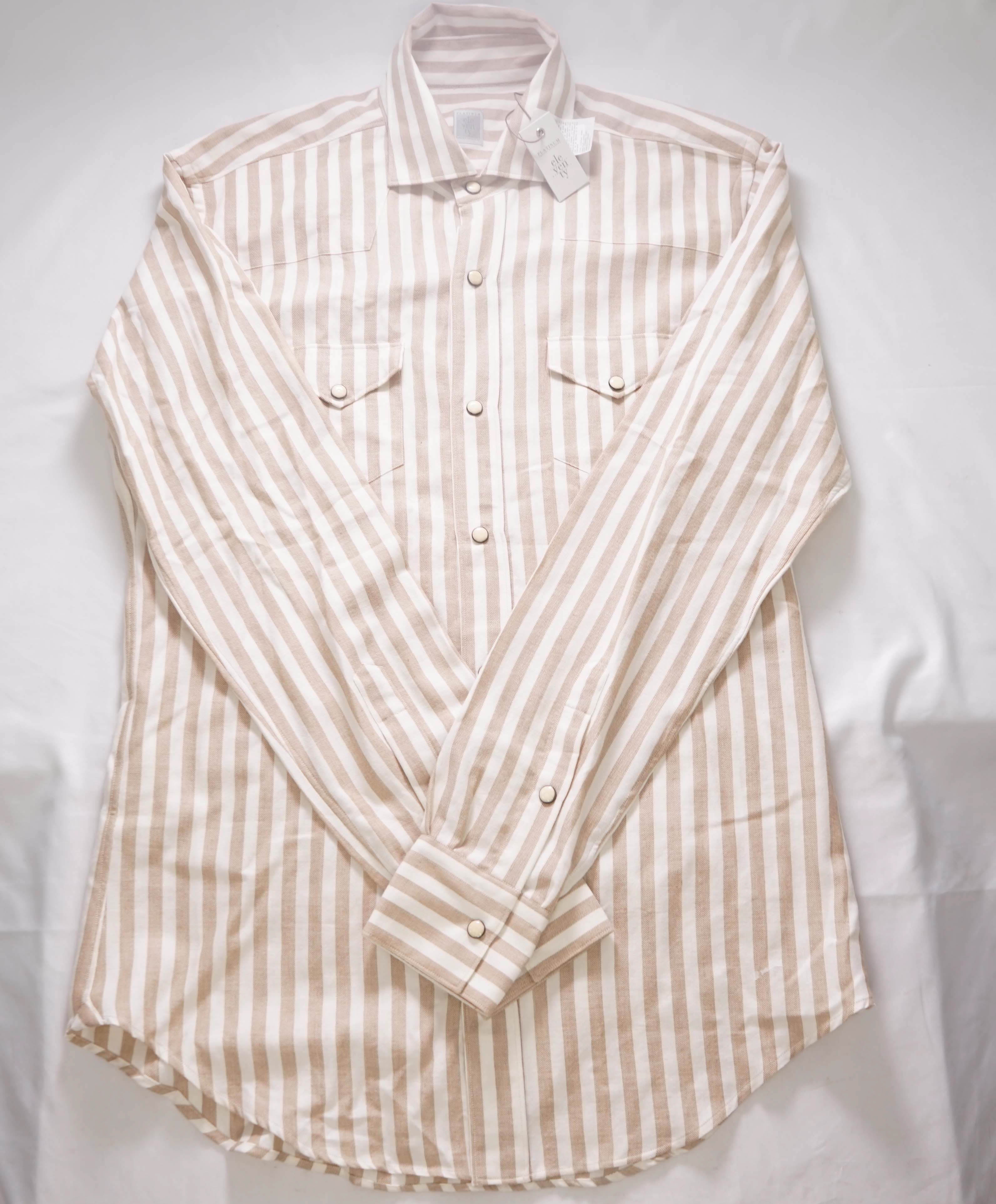 $695 ELEVENTY - *SNAP FRONT* CASHMERE BLEND Camel Stripe Shirt - M