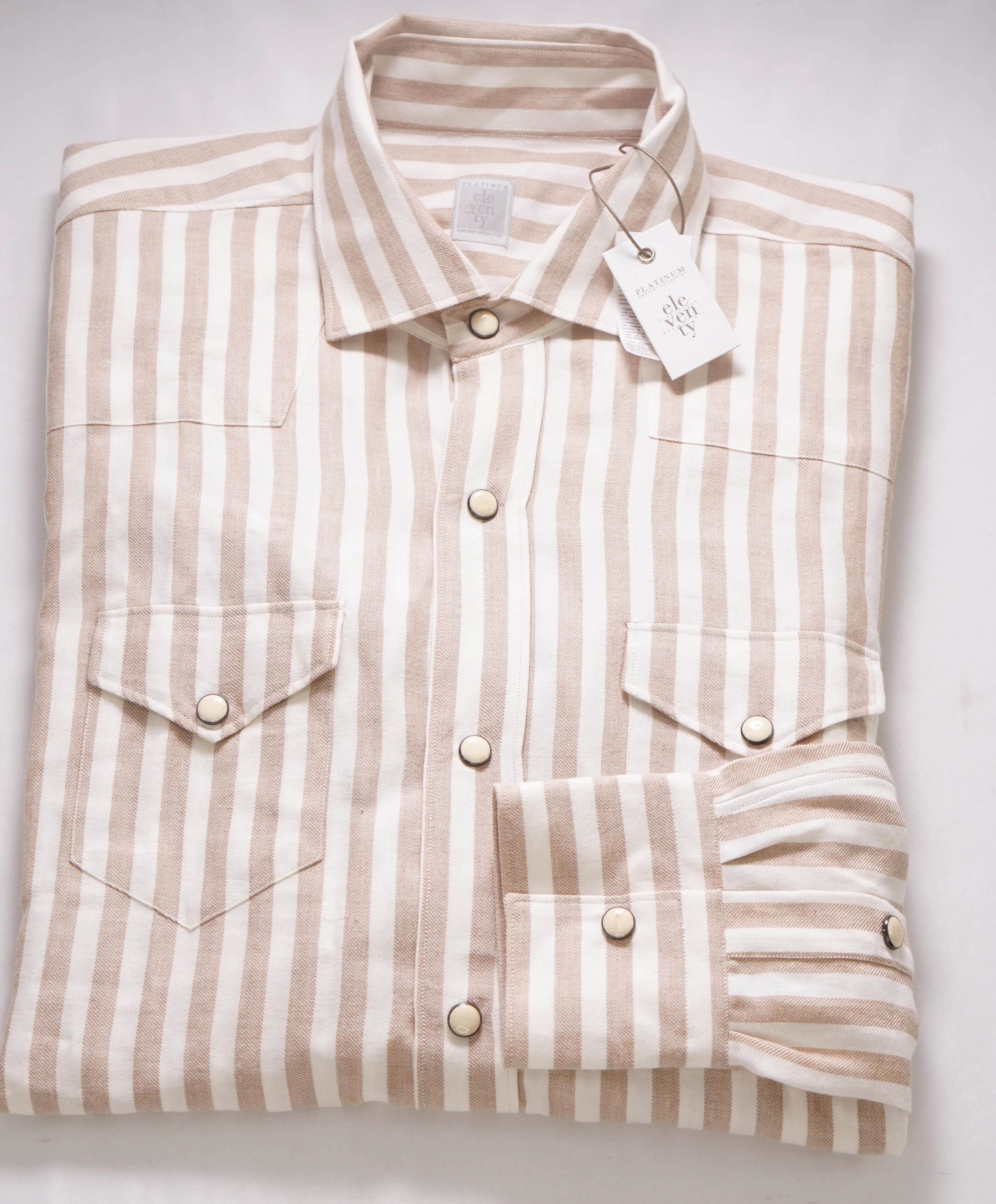 $695 ELEVENTY - *SNAP FRONT* CASHMERE BLEND Camel Stripe Shirt - M