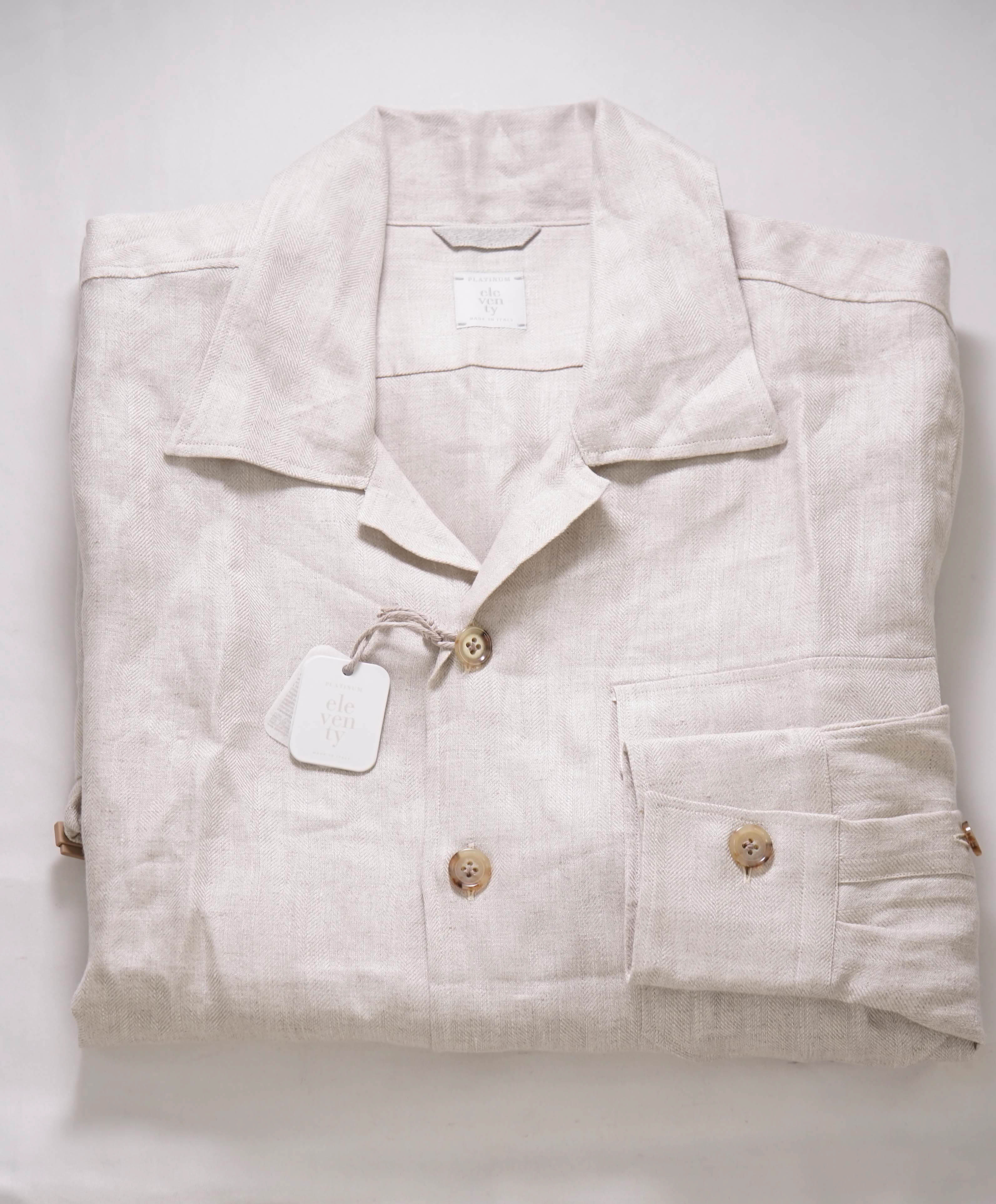 $595 ELEVENTY PLATINUM - Pure LINEN Neutral Herringbone Shirt Jacket Coat - M