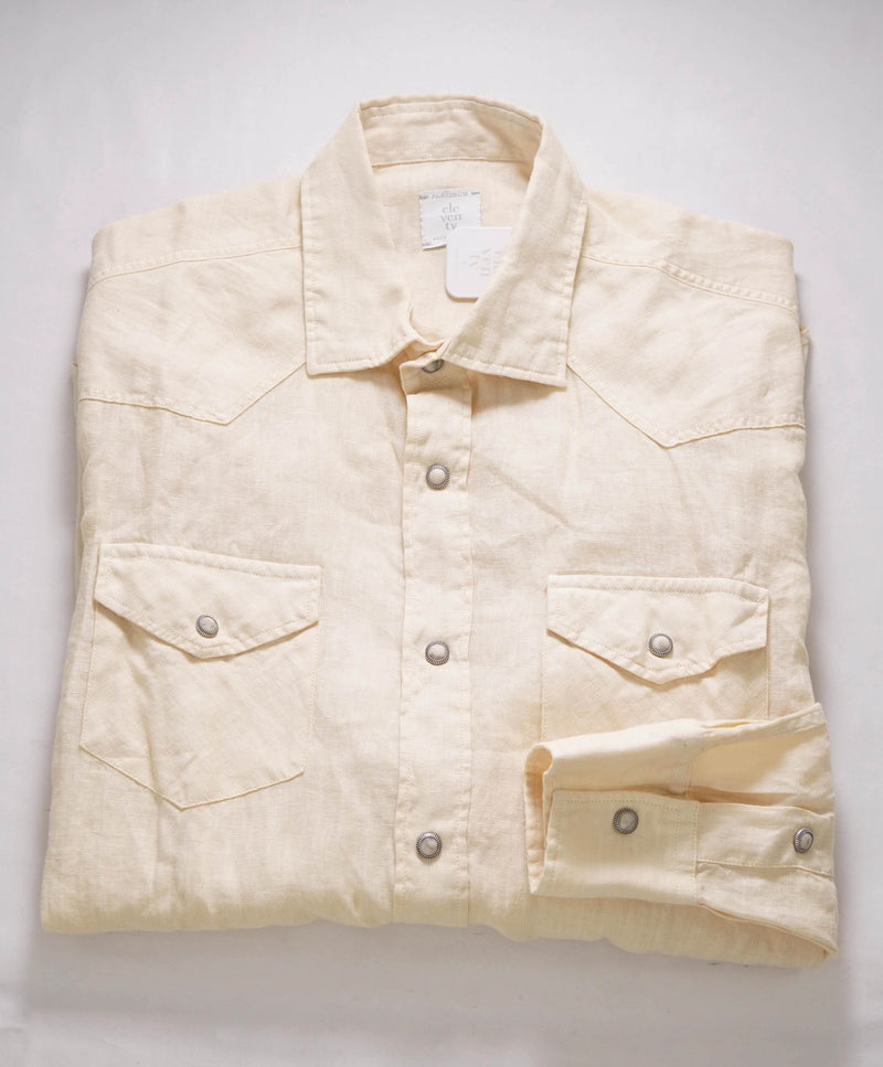 $495 ELEVENTY - *SNAP FRONT* Pastel Yellow LINEN Dress Shirt - M