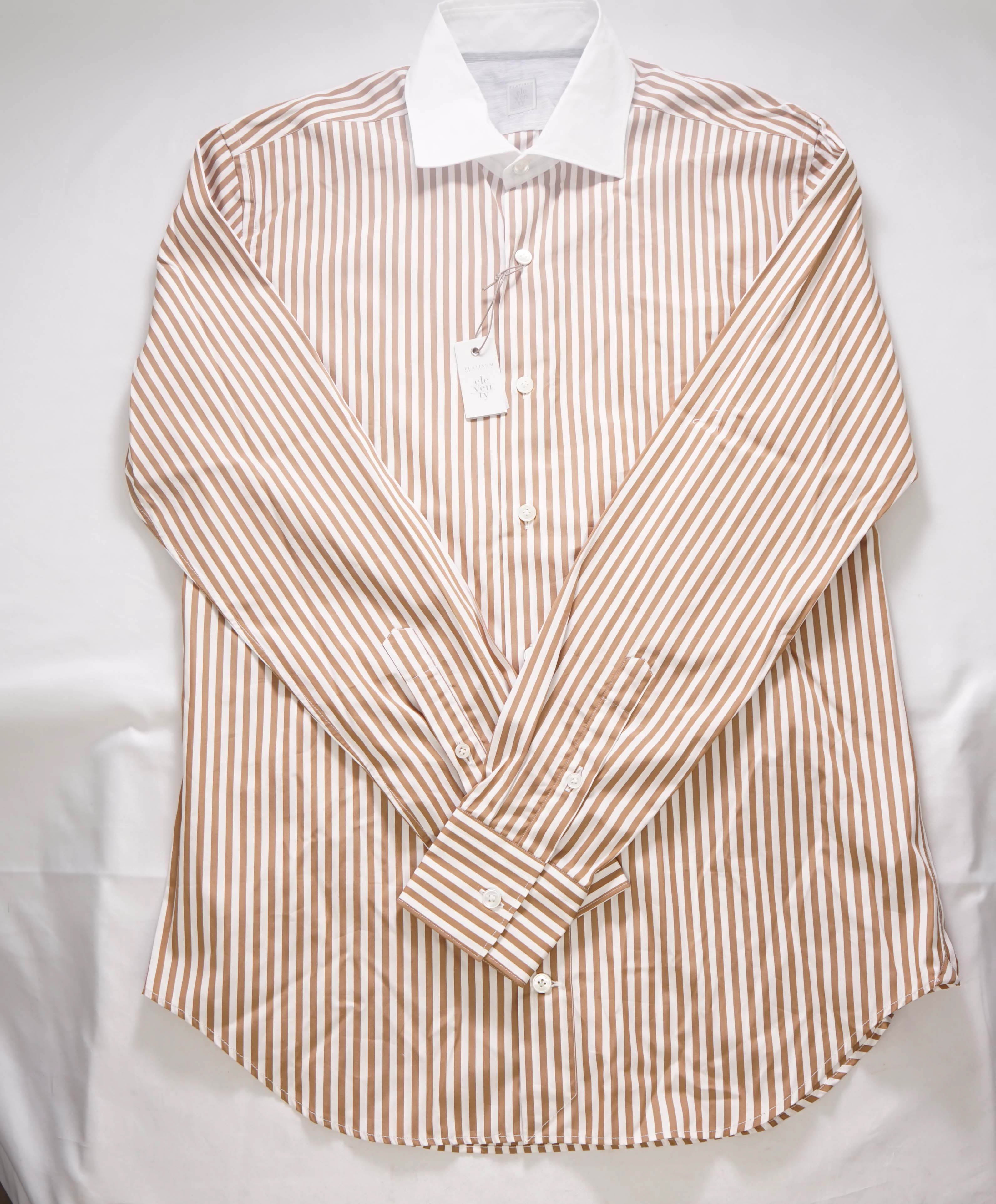 $495 ELEVENTY - *CONTRAST COLLAR* Brown/White Stripe Dress Shirt - M