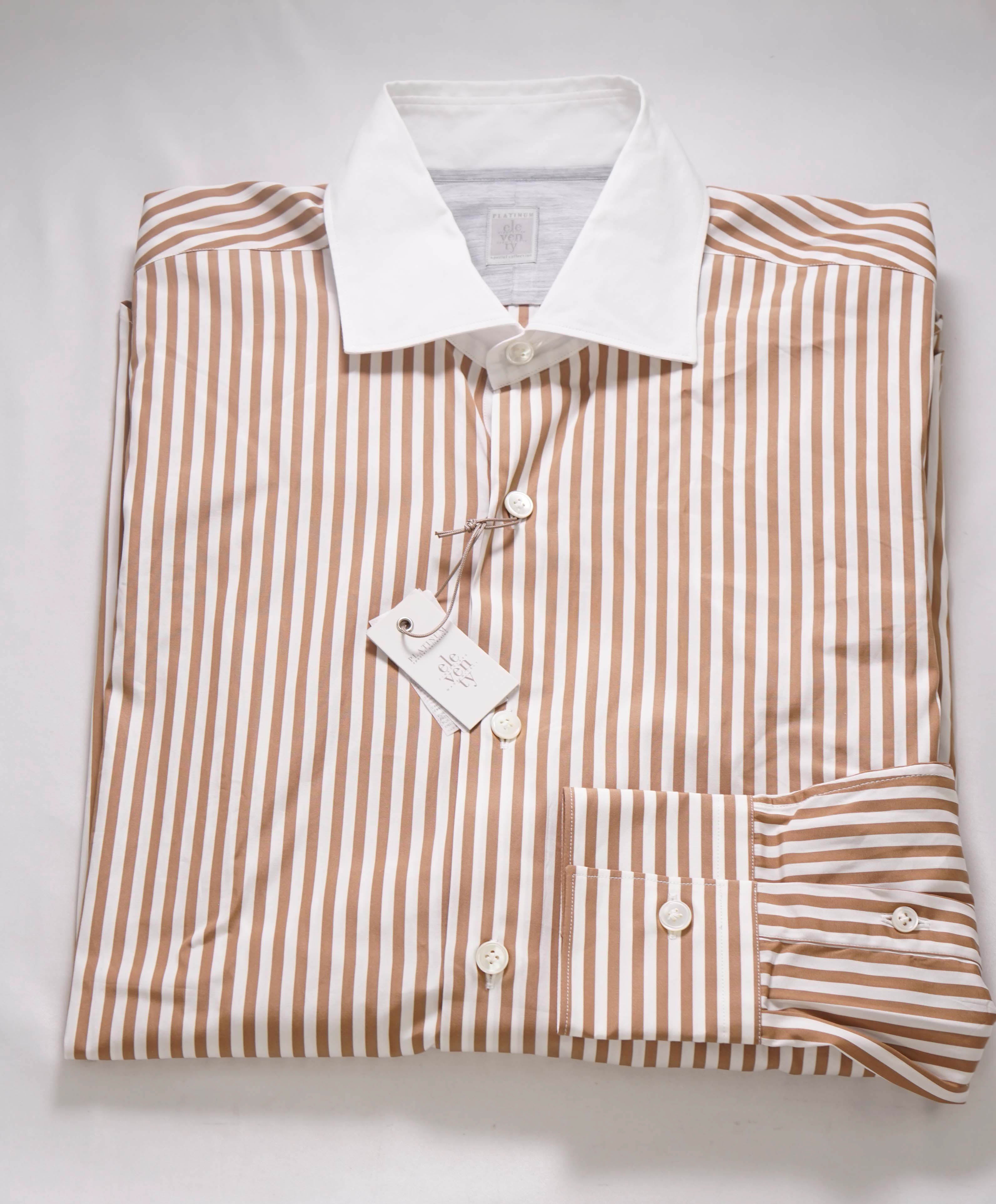 $495 ELEVENTY - *CONTRAST COLLAR* Brown/White Stripe Dress Shirt - M