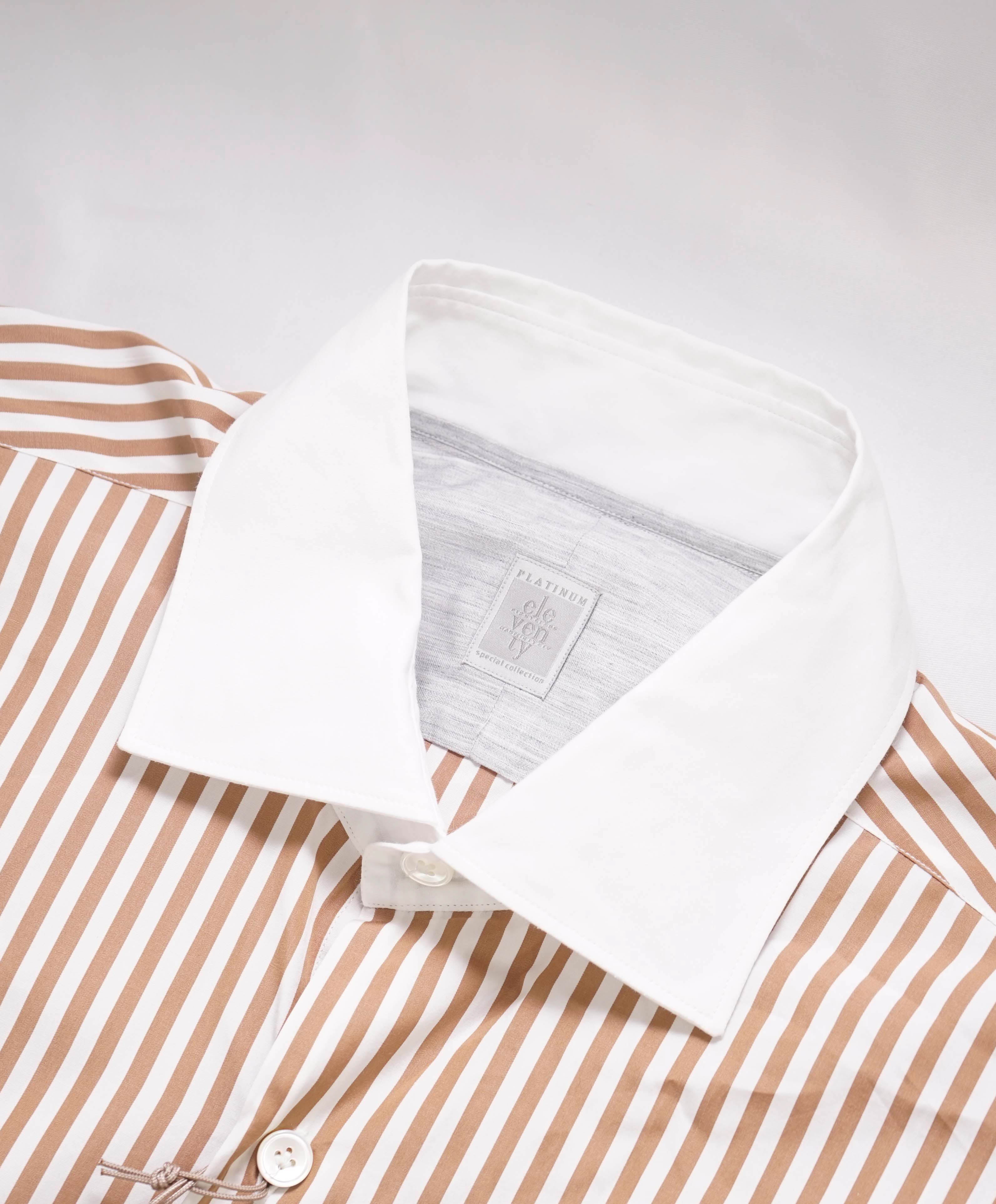 $495 ELEVENTY - *CONTRAST COLLAR* Brown/White Stripe Dress Shirt - M