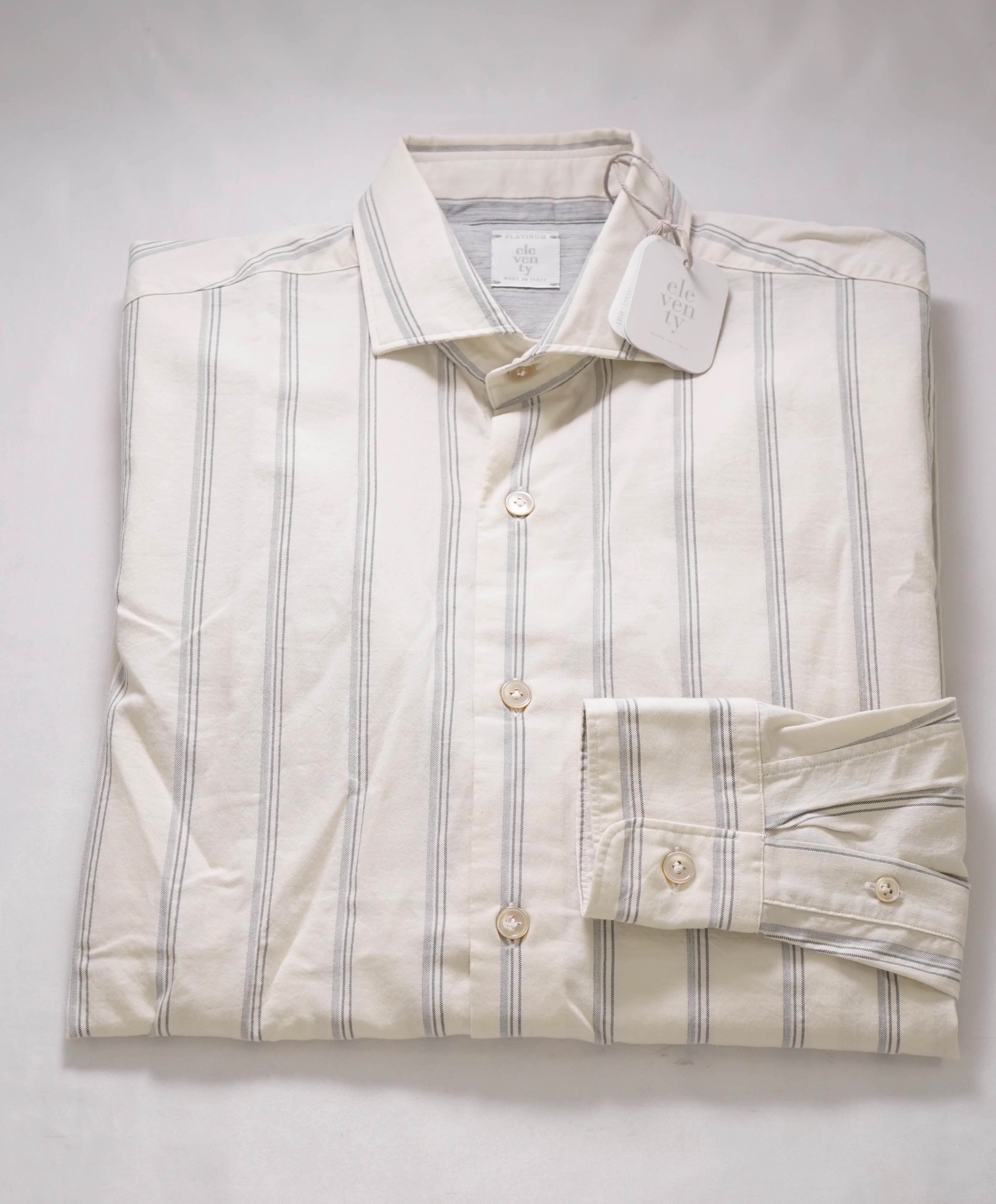 $495 ELEVENTY - *Spread Collar* Gray/Ivory Alt Stripe Dress Shirt - M