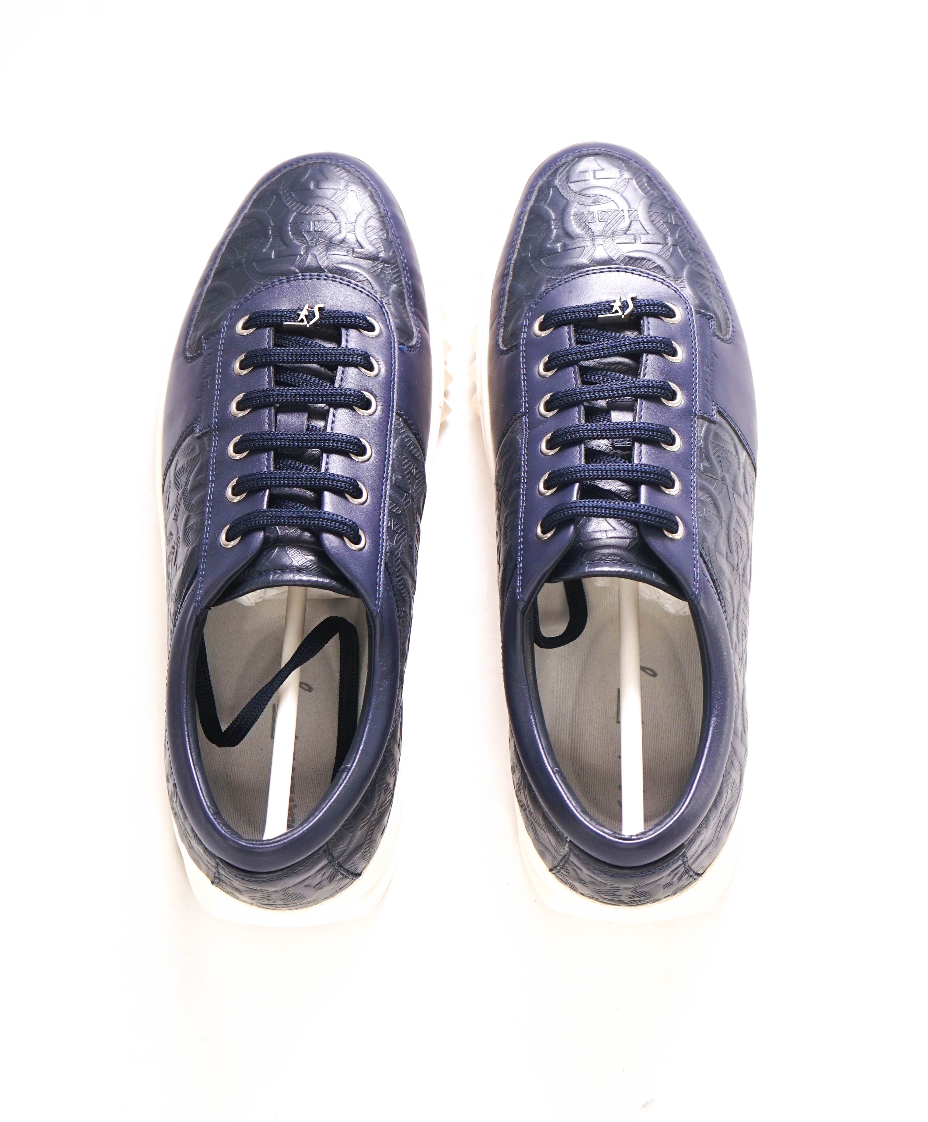 $750 SALVATORE FERRAGAMO - *SCUBY 2* Navy Embossed Gancini Sneaker - 7 M US