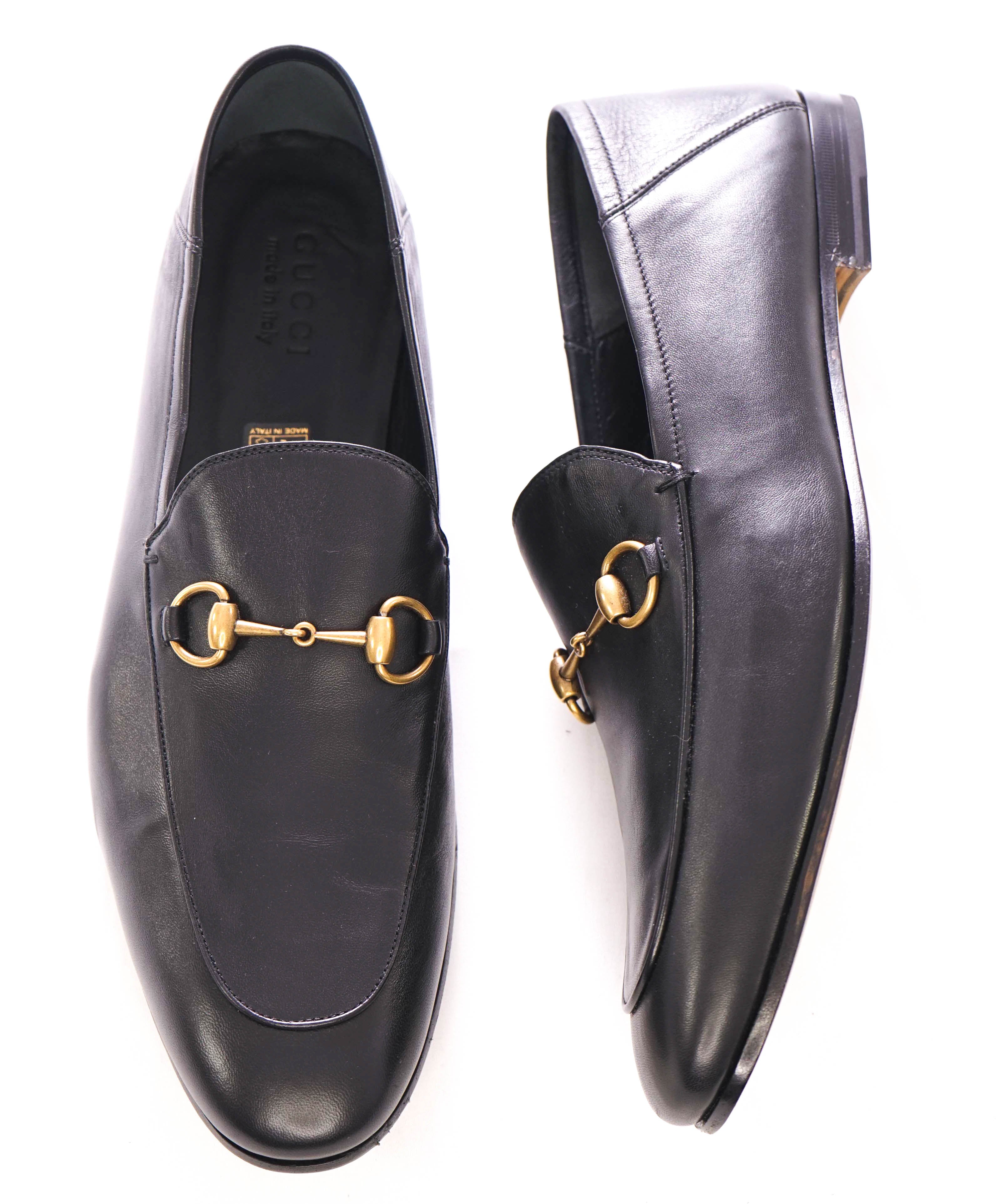 $920 GUCCI - "BRIXTON" Black/Gold ICONIC Horsebit Leather Loafers - 13 US (12.5G)